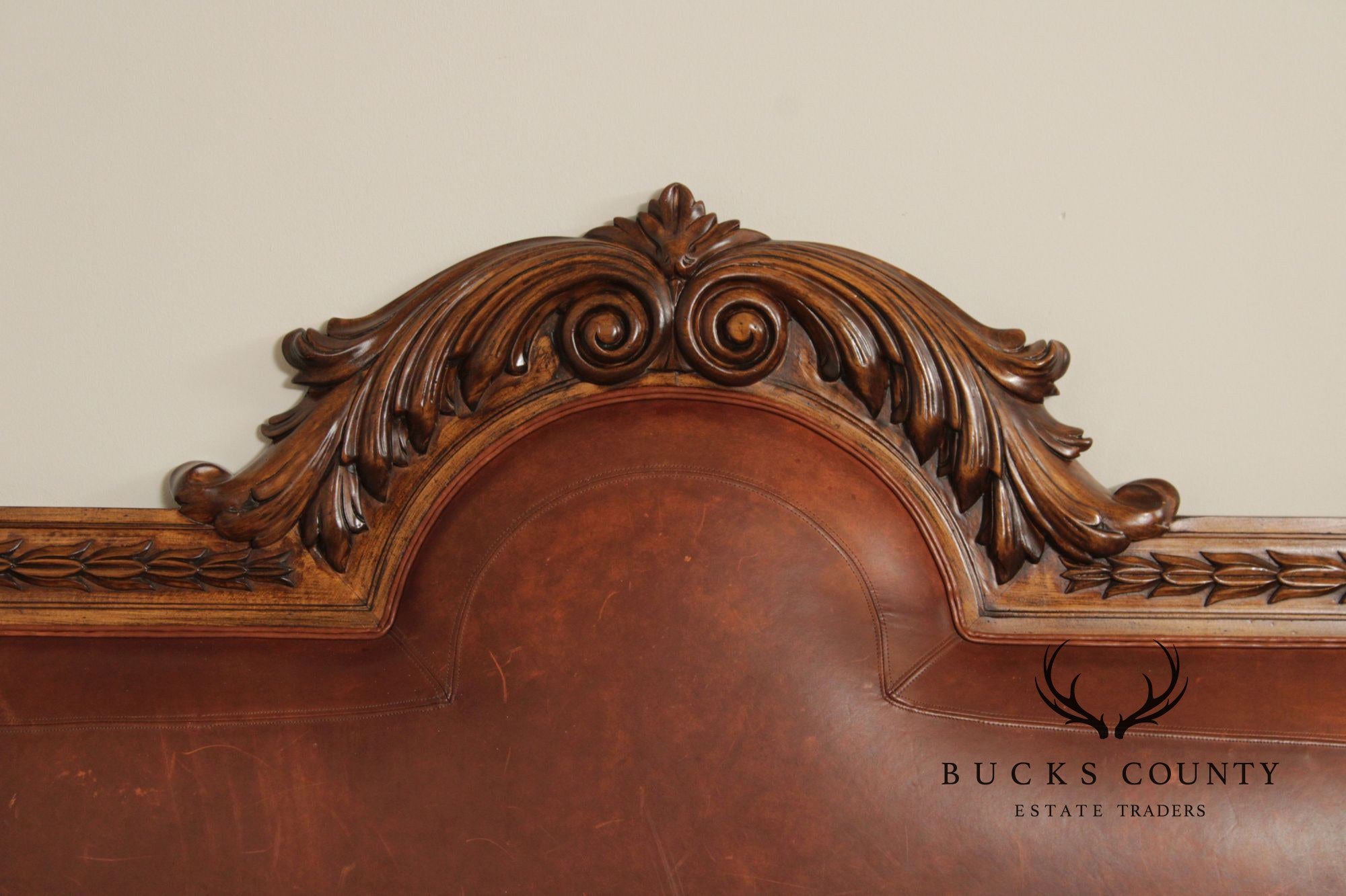 Rustic European Style King Size Carved Wood And Leather Headboard