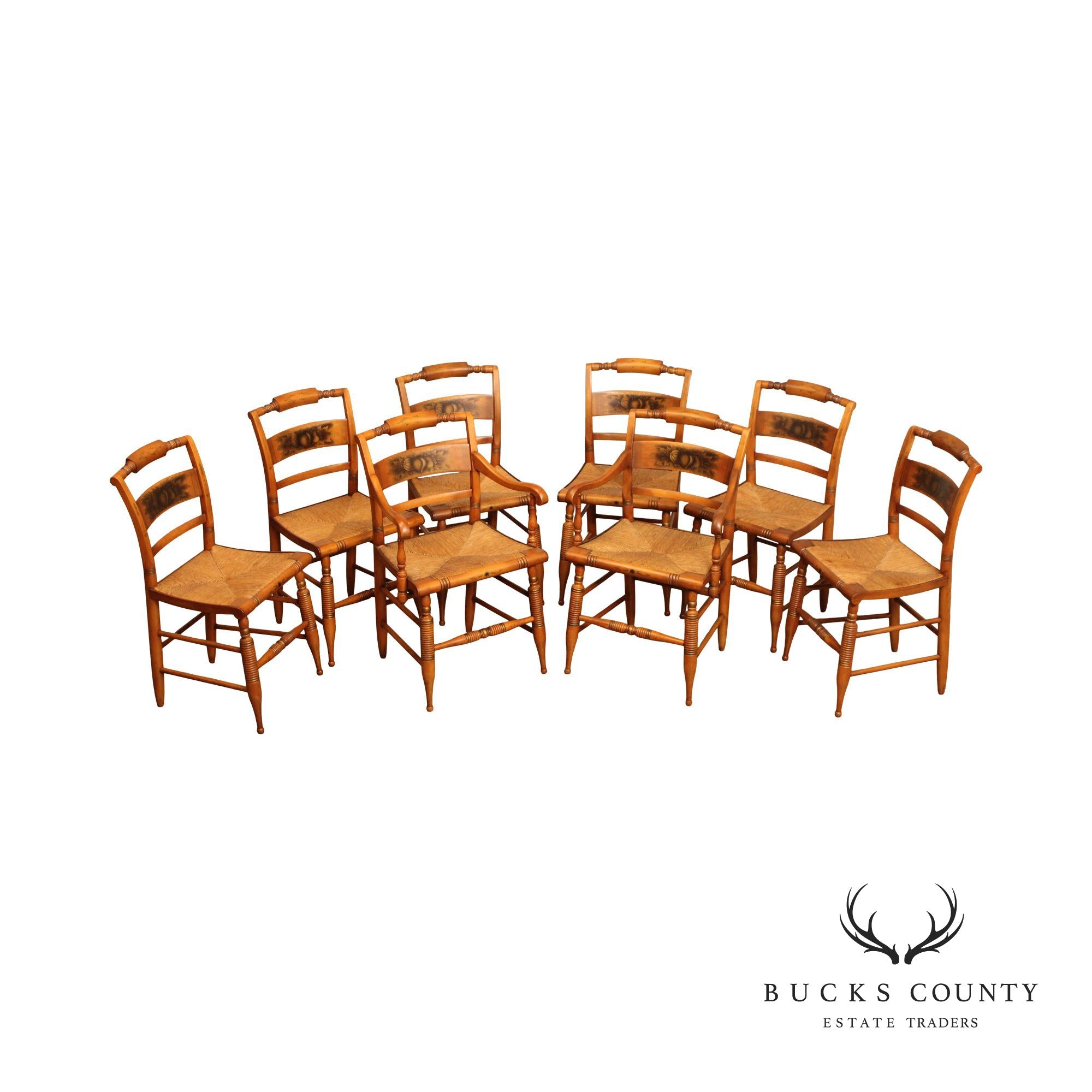 Hitchcock Vintage Set Eight Harvest Stencil Decorated Maple Dining Chairs