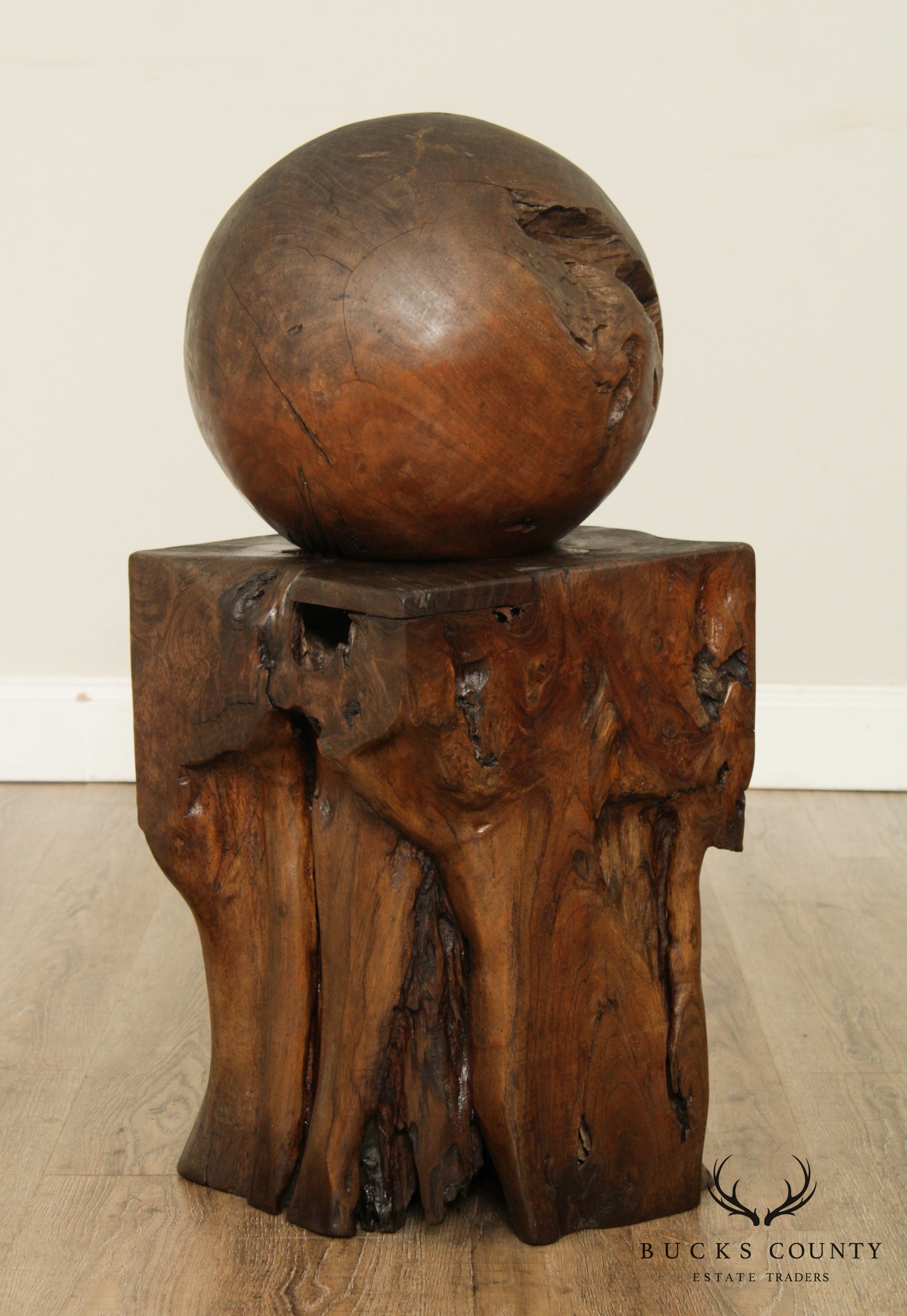 Mid Century Vintage Teak Wood Ball Sculpture on Root Pedestal