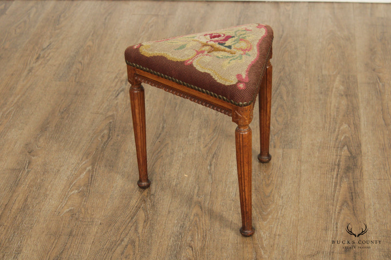 ANTIQUE FRENCH LOUIS XVI STYLE NEEDLEPOINT TRIANGLE FOOTSTOOL