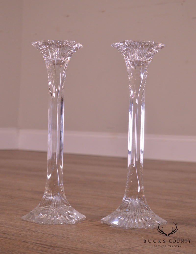 Pair of Crystal Hexagonal Column Candle Holders Flared Base & Top