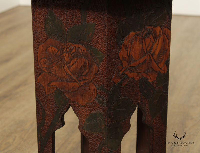 Antique Arts & Crafts Style Floral Pyrography Side Table