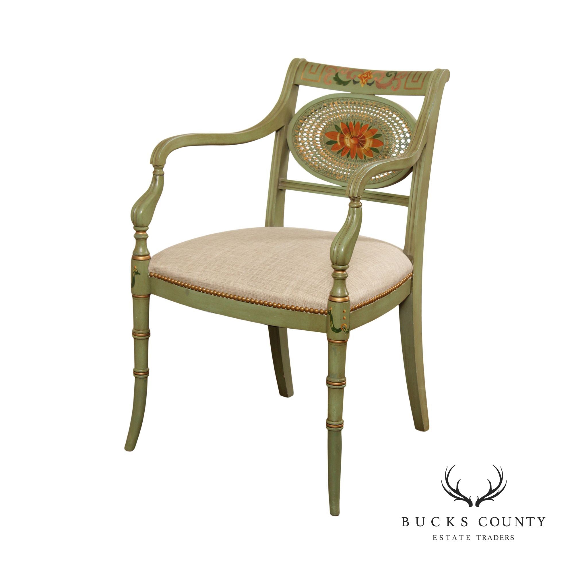 English Regency Style Cane Back Green-Painted Armchair