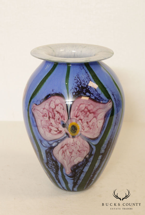 Art Glass Hand Blown Vase Blue with Pink Flowers Signature Illegible