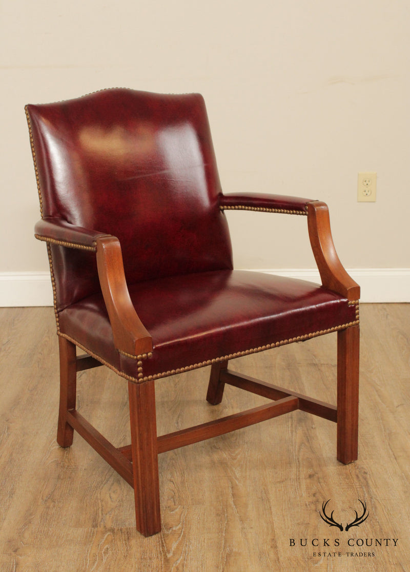 Chippendale Style Pair Mahogany Oxblood Leather Library Armchairs