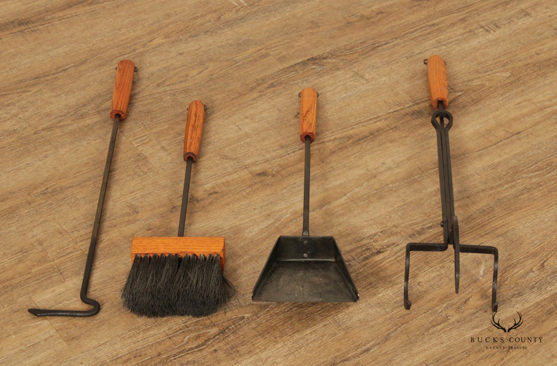 Mid Century Modern Wood and Iron 5-Piece Fire Tools Set