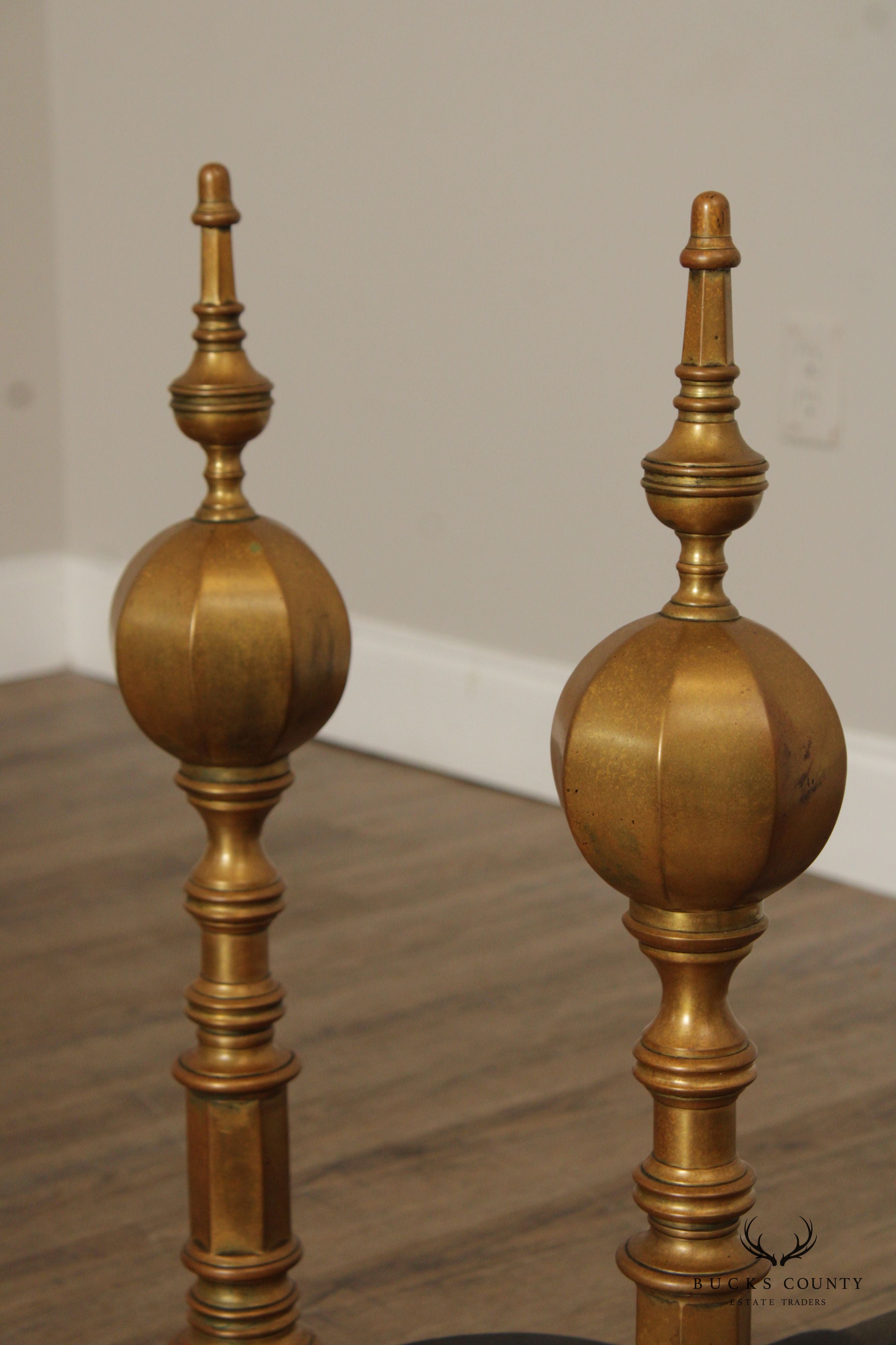 FEDERAL STYLE PAIR OF BRASS ANDIRONS AND POKER