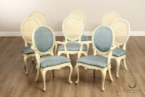 French Louis XV Style Vintage Set Of Eight Painted Cane Back Dining Chairs