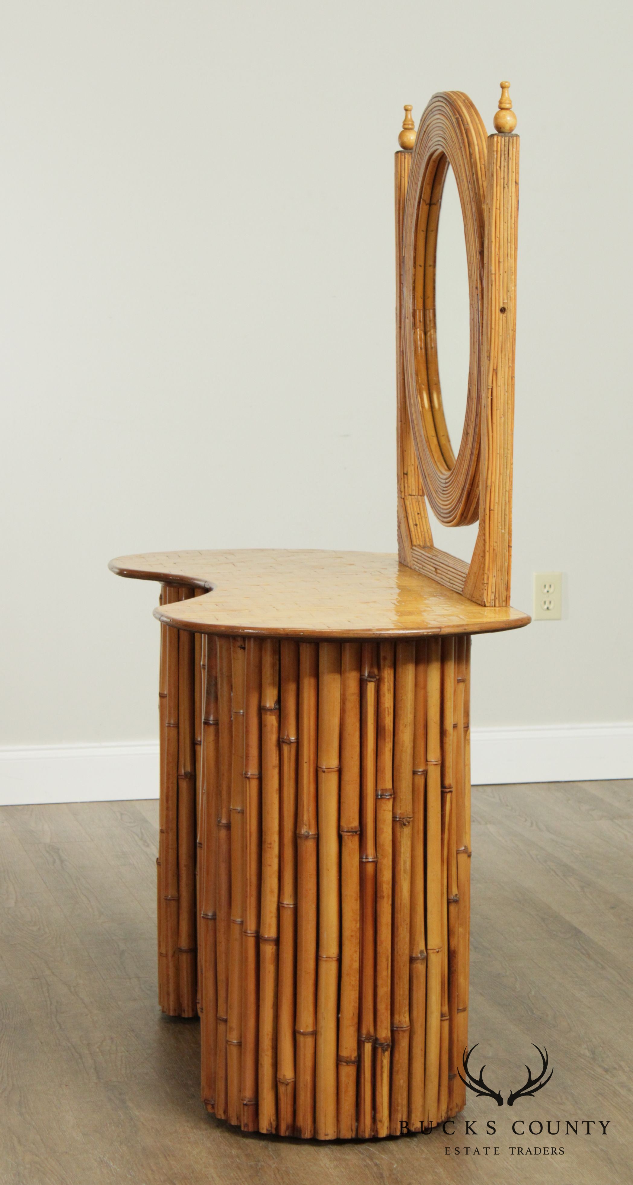 Vintage Bamboo Kidney Shape Vanity with Mirror, Stool