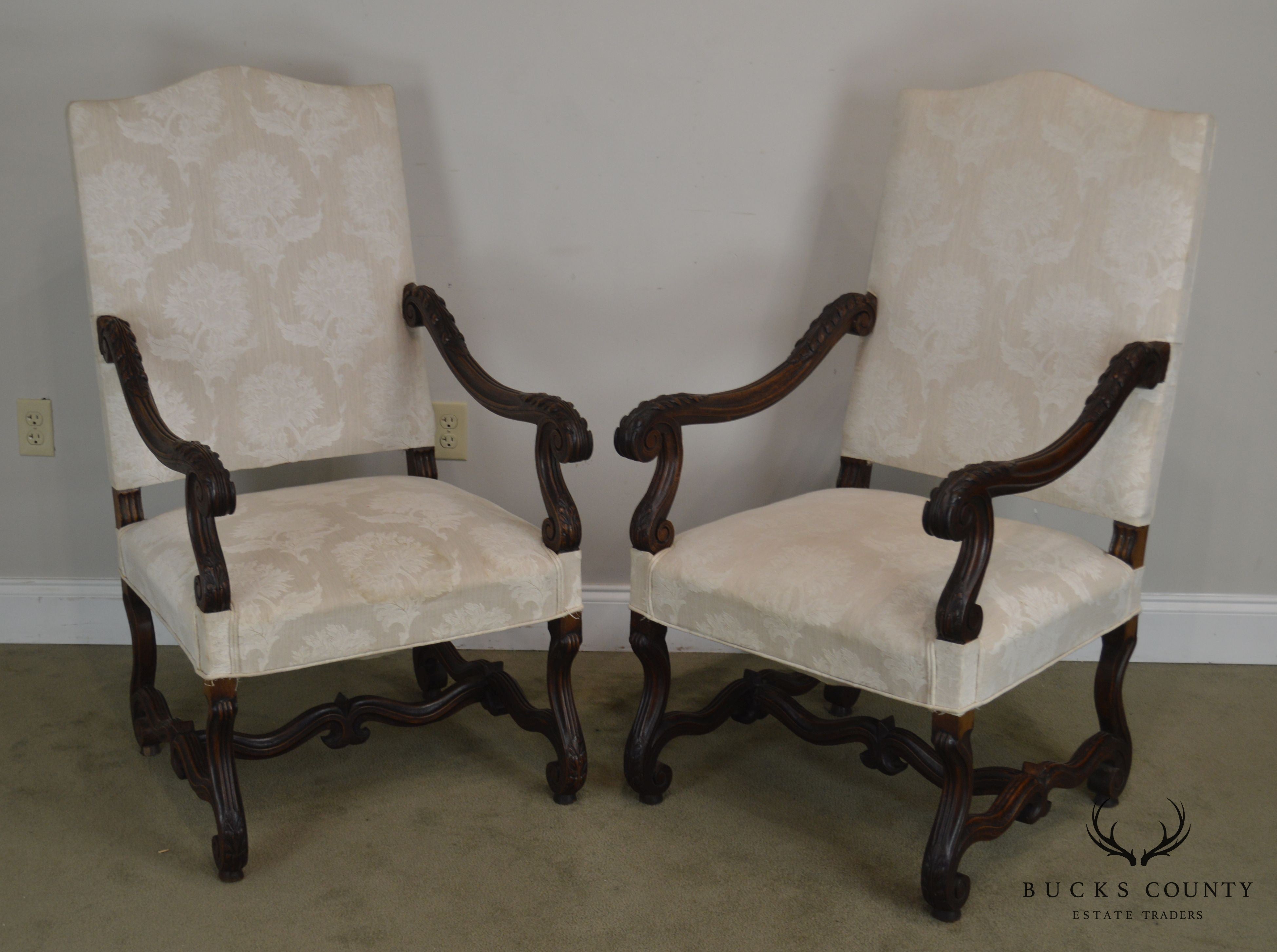 French Louis XIII Style Antique Carved Pair Armchairs