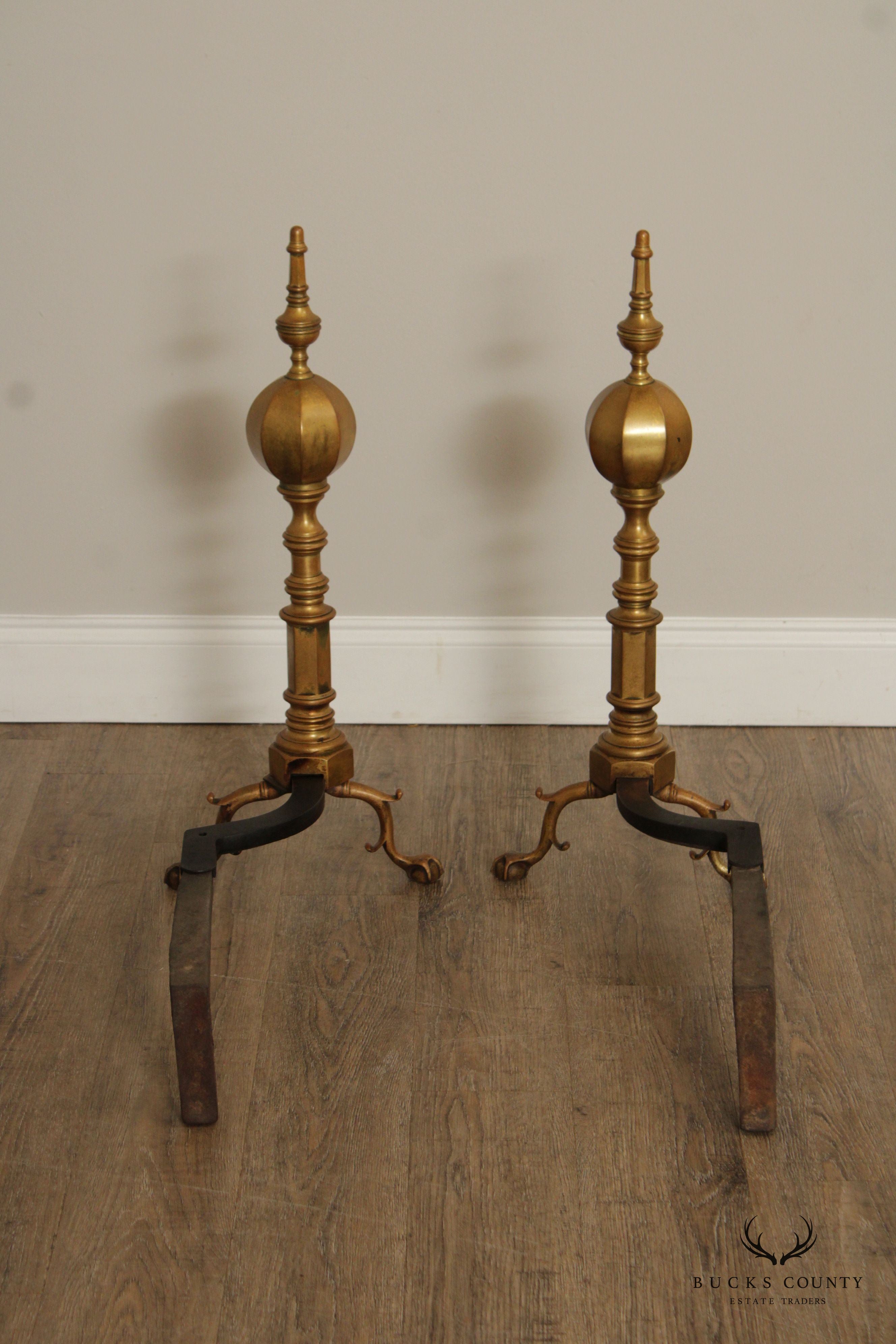 FEDERAL STYLE PAIR OF BRASS ANDIRONS AND POKER