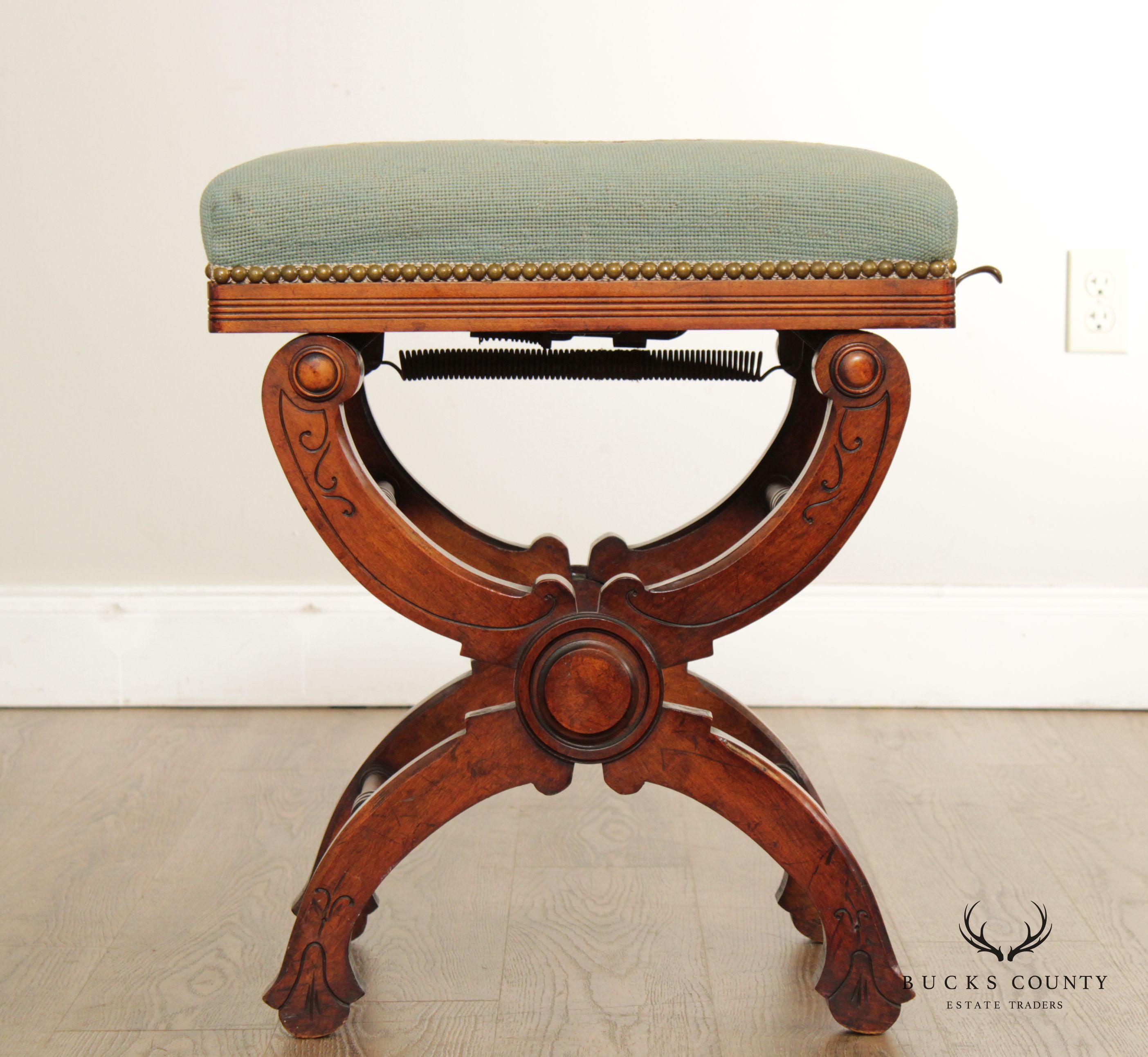 Antique 19th C. Victorian Walnut and Needlepoint Adjustable Bench