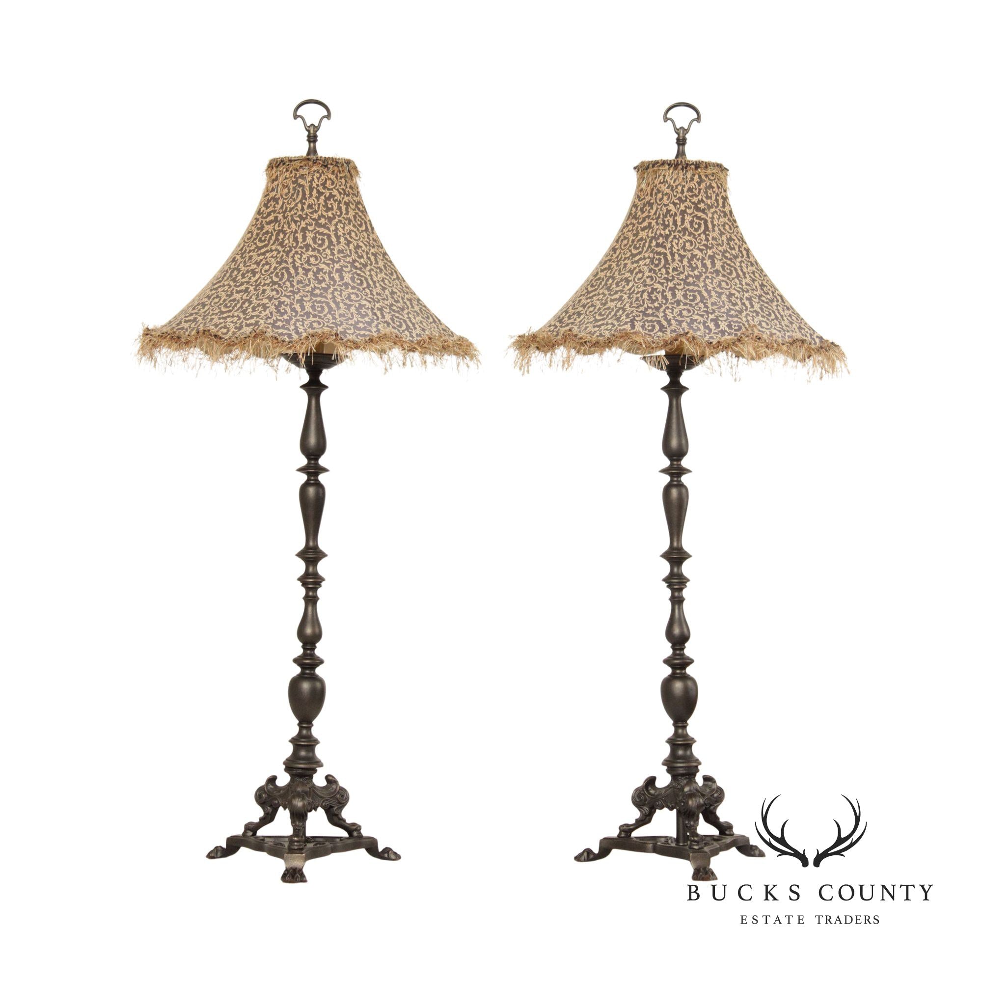 Baroque Style Pair Tall Cast Bronzed Metal Candlestick Lamps with Custom Feather Shades