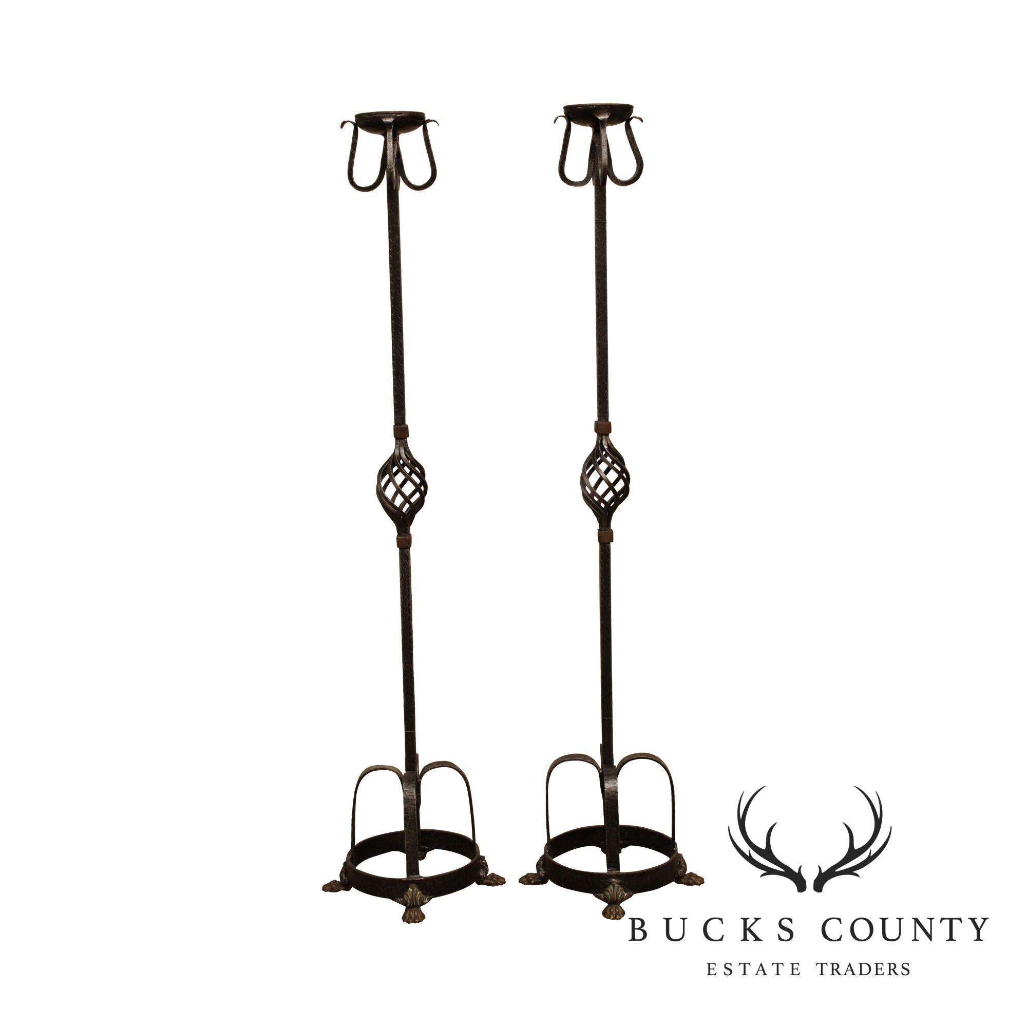 Spanish Renaissance Style Pair Forged Iron Candle Stands