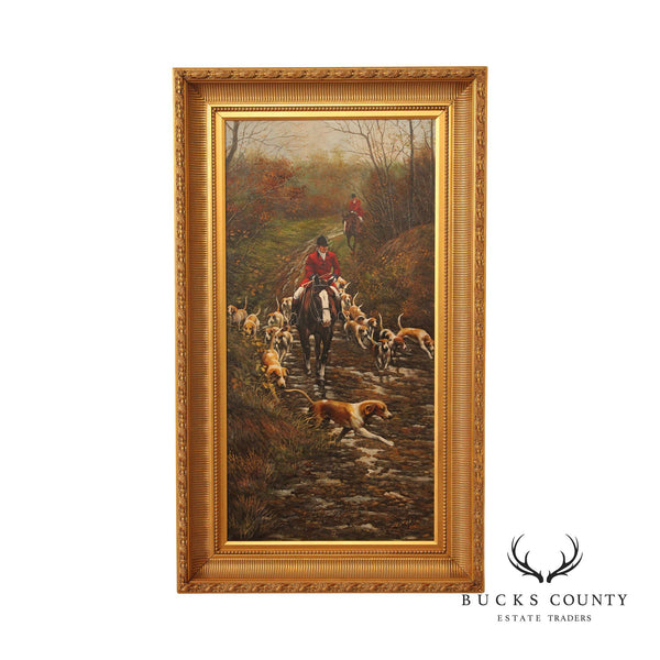Signed English Equestrian Fox Hunt Large Framed Oil Painting