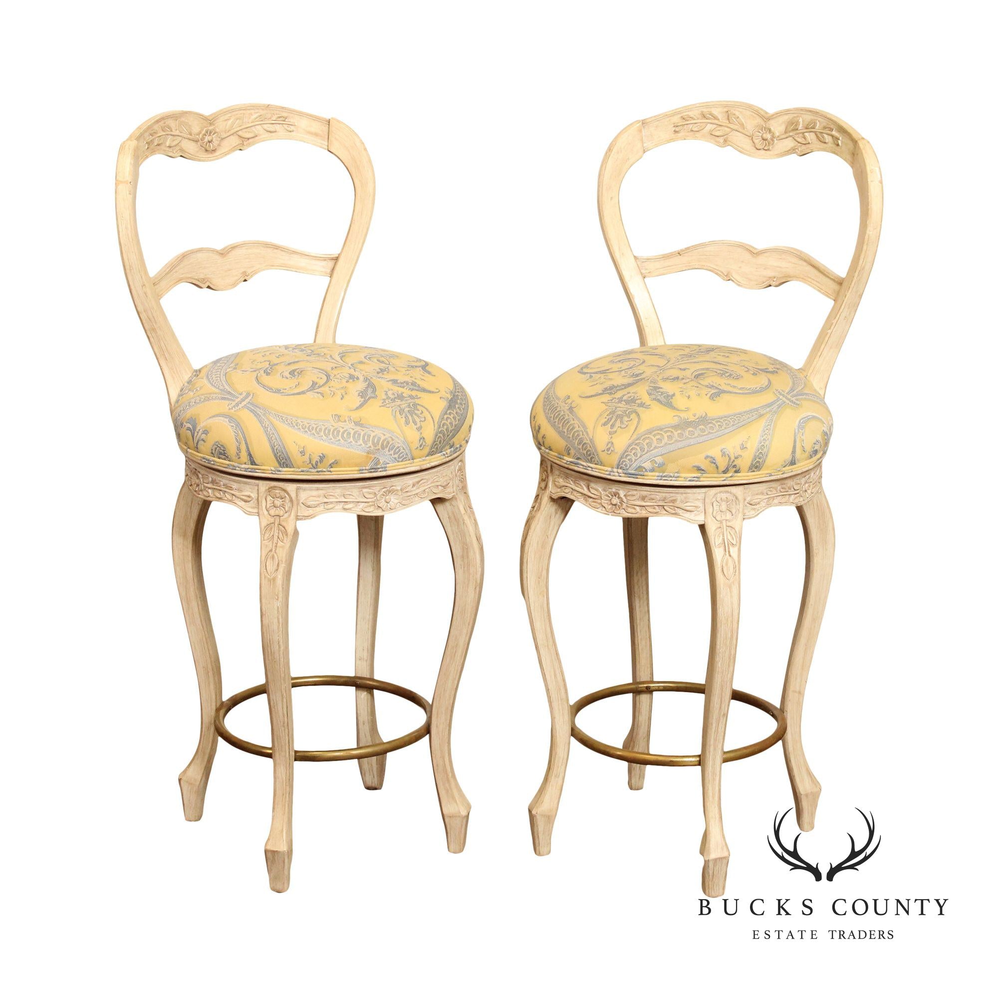 French Louis XV Style Pair of Distress Painted Swivel Bar Stools