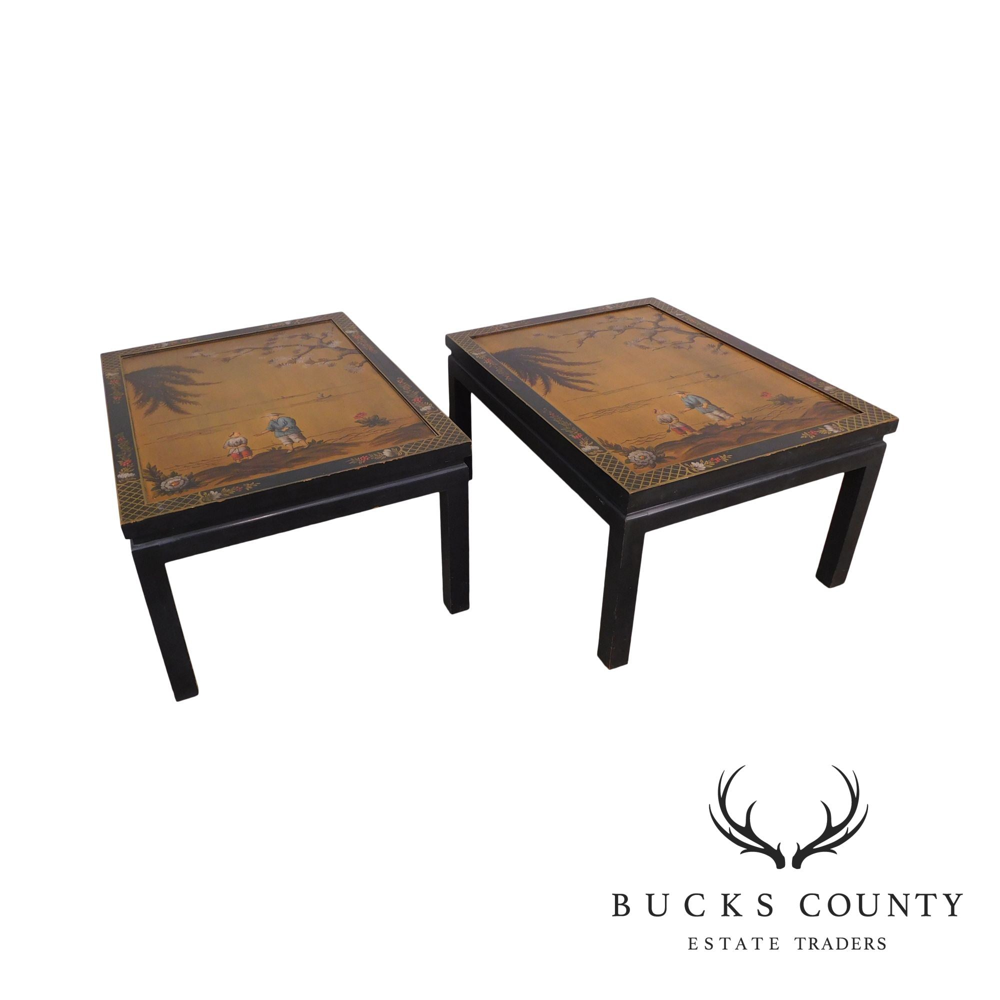 Kozak Studios Black & Gold Chinoiserie Painted Pair Side Tables