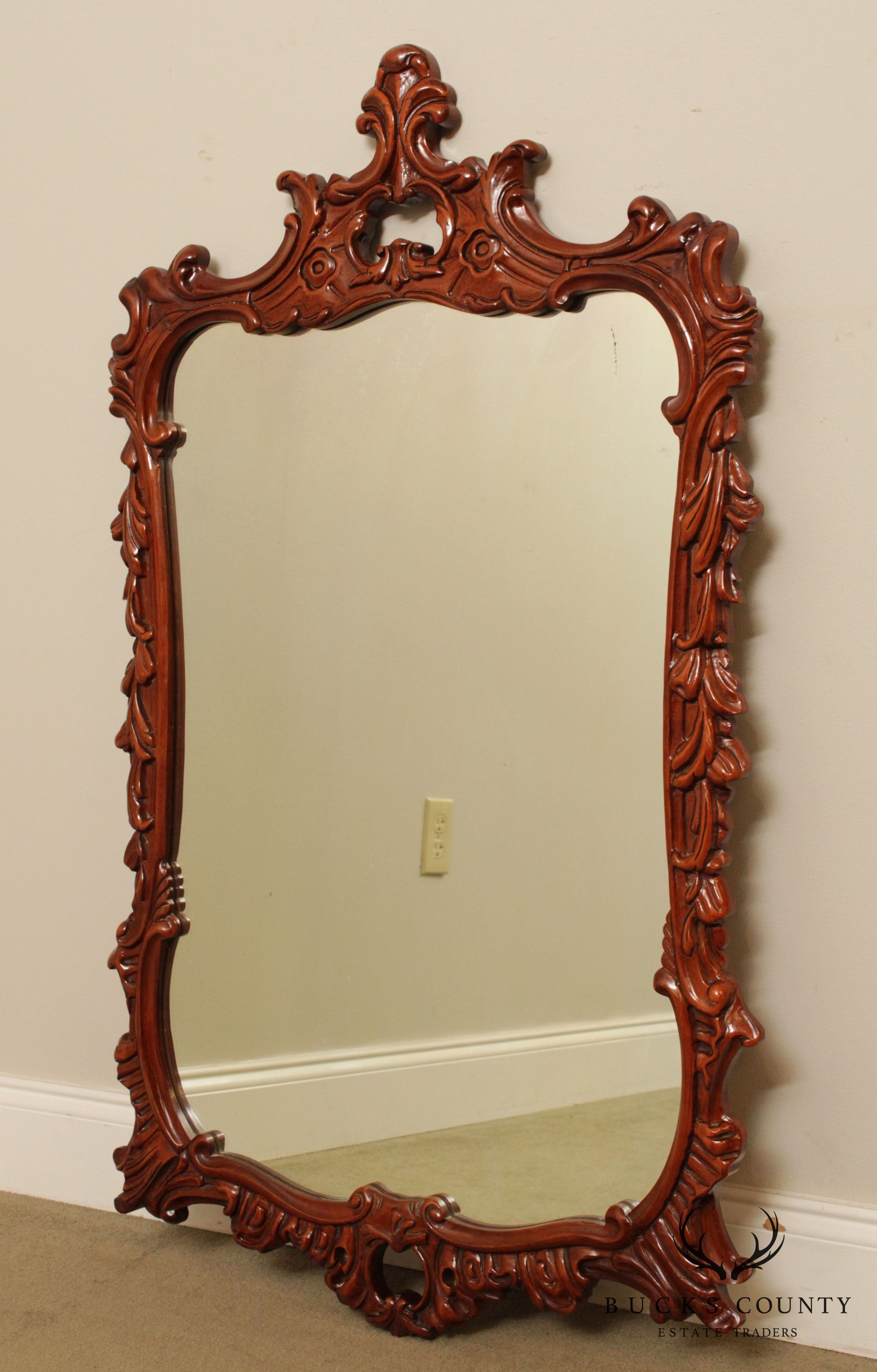 French Louis XV Style Vintage Carved Mahogany Frame Wall Mirror