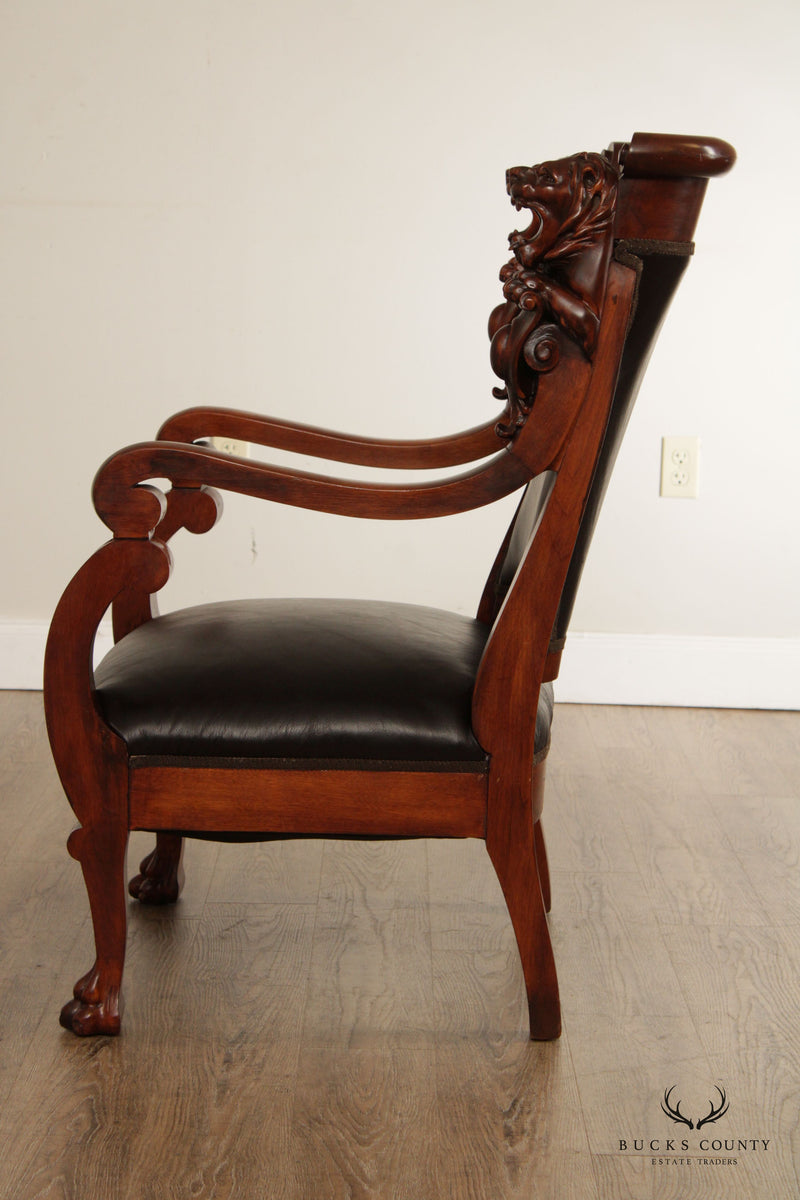 Antique American Empire Style Lion Carved Leather Armchair