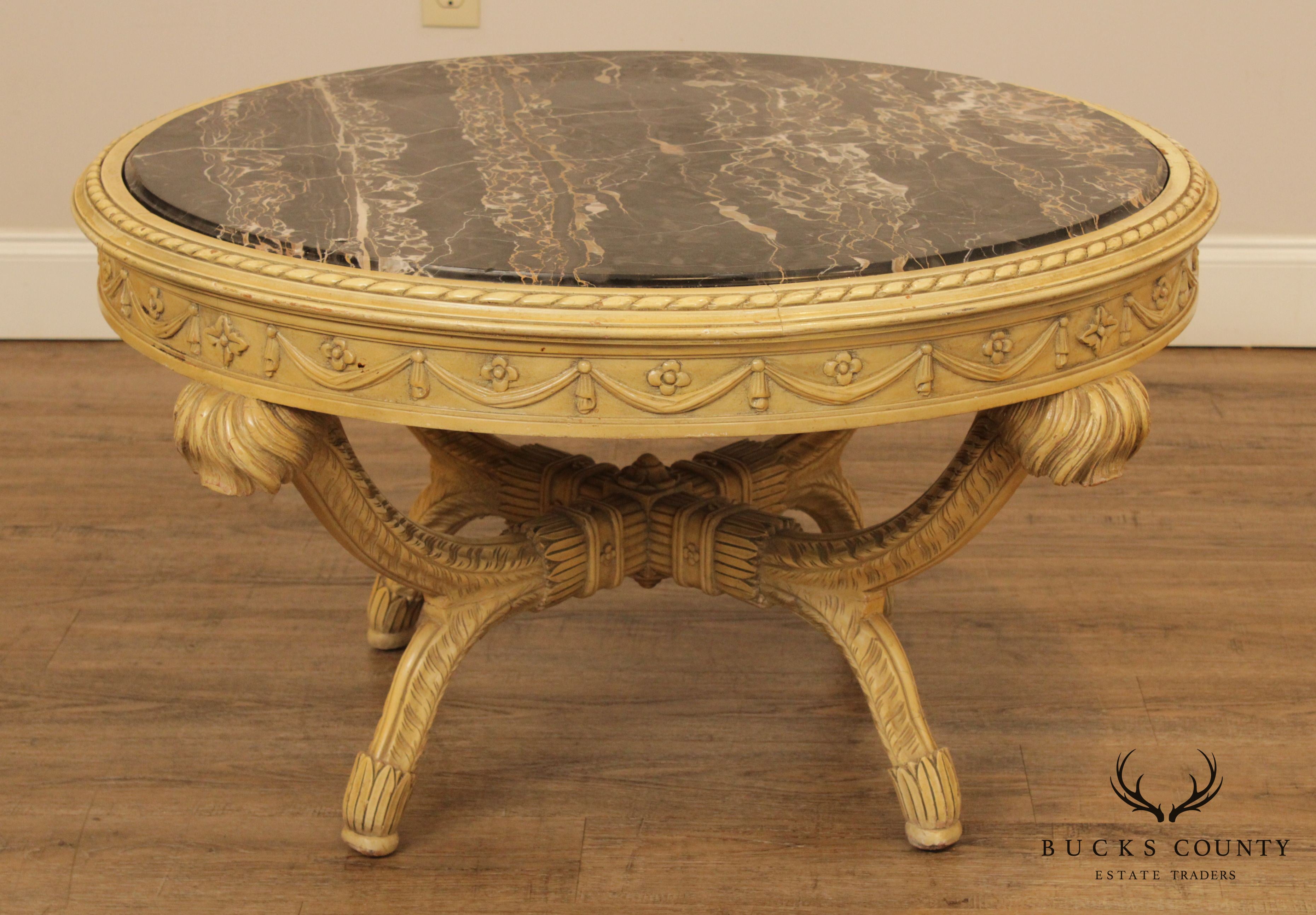 French Regency Style Vintage 1940 Round Marble Top Painted Coffee Table