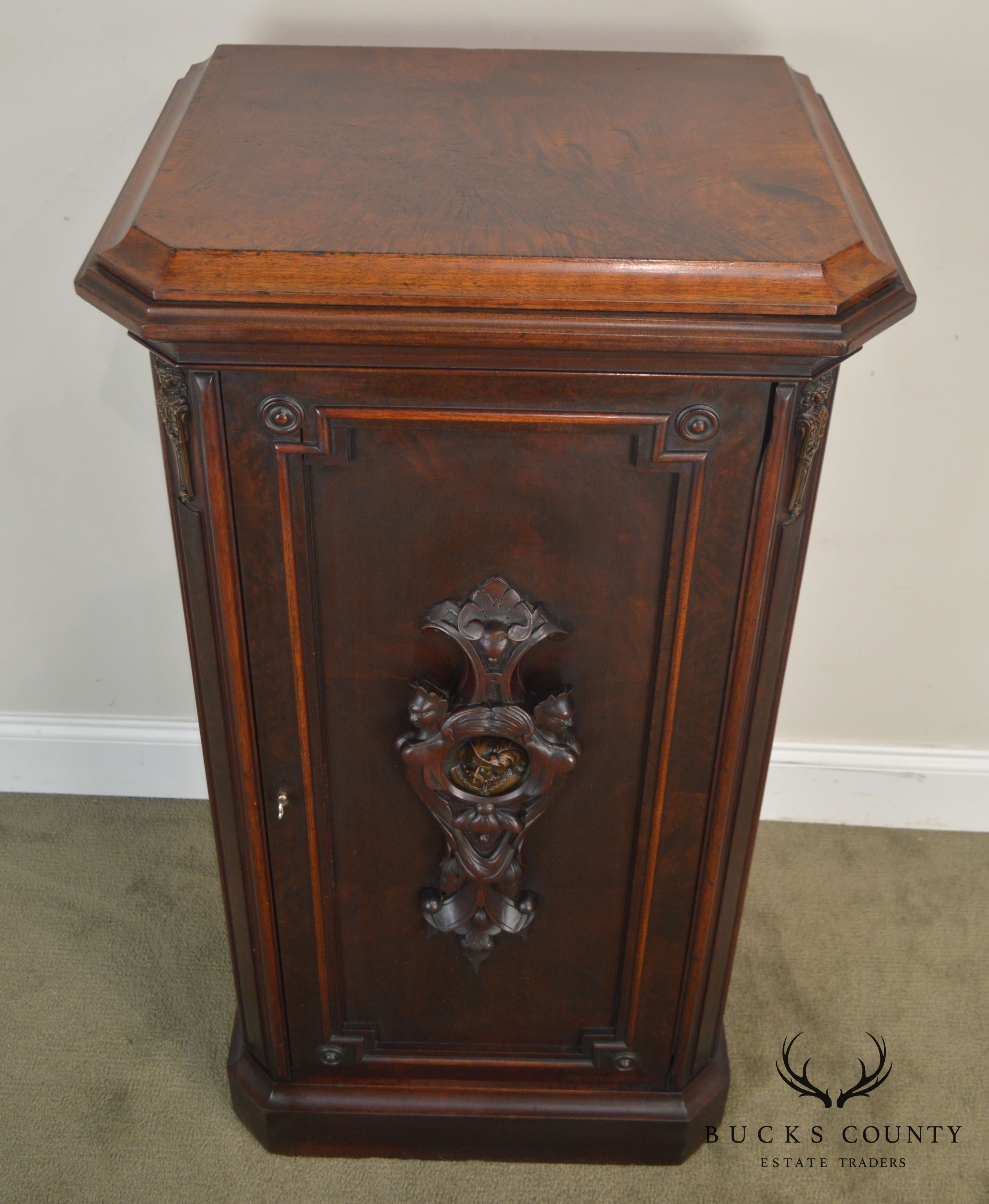 Antique 19th Century Walnut Renaissance Revival Music Cabinet with Bronze Figural Plaque