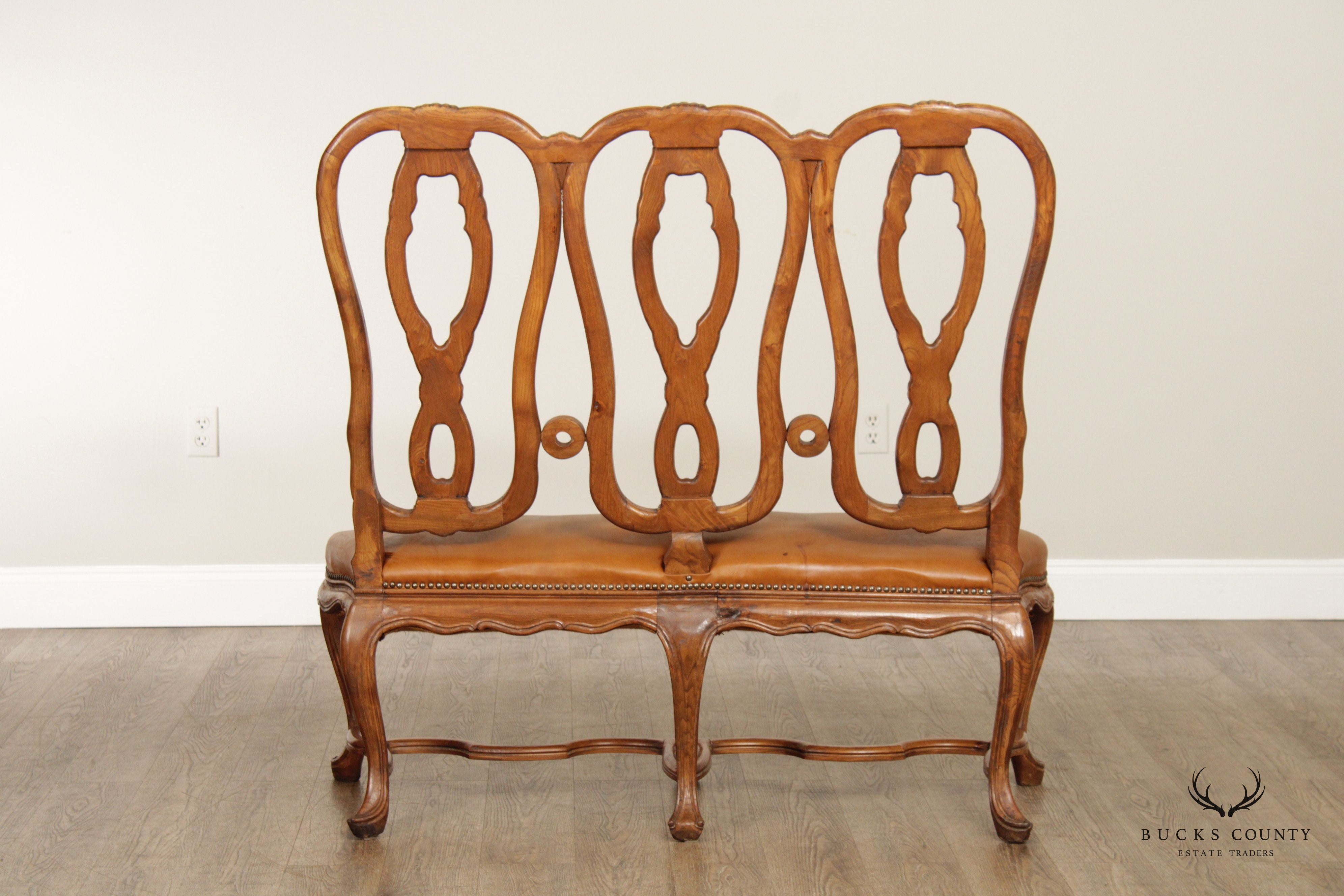 Italian Provincial Style Carved Walnut and Leather Hall Bench Settee