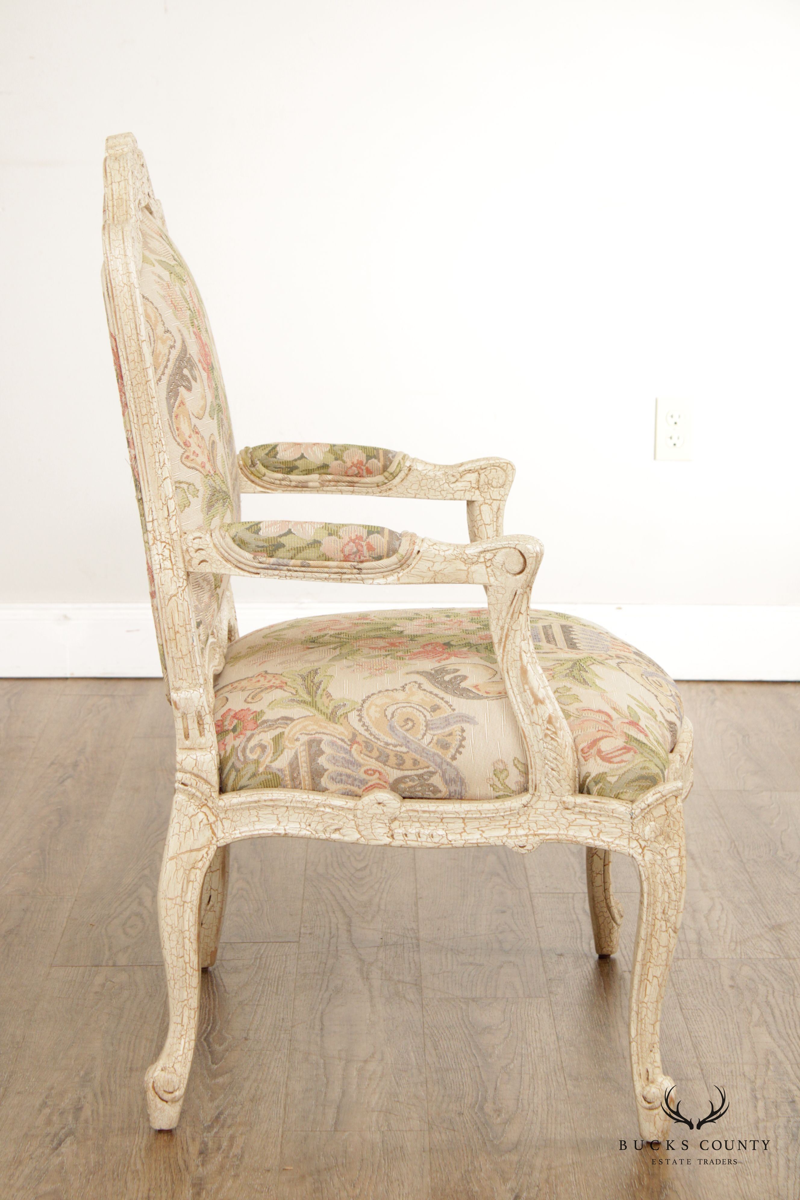 French Louis XV Style Crackle Painted Fauteuil Armchair