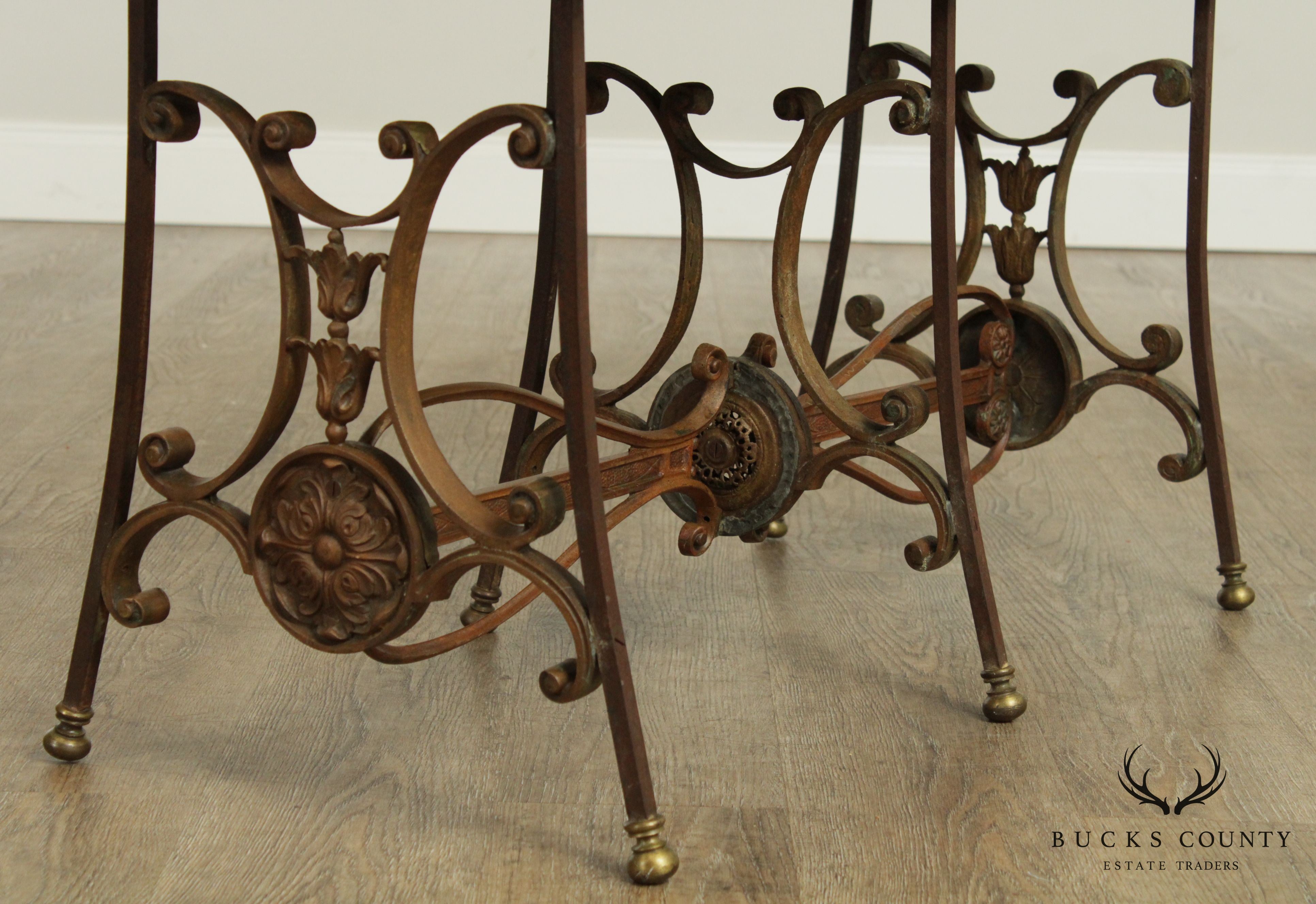 Antique Wrought Iron Leather Seat Bench