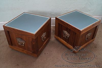 Unusual Pair of Solid Walnut Cube End Tables w/ Glass Tops