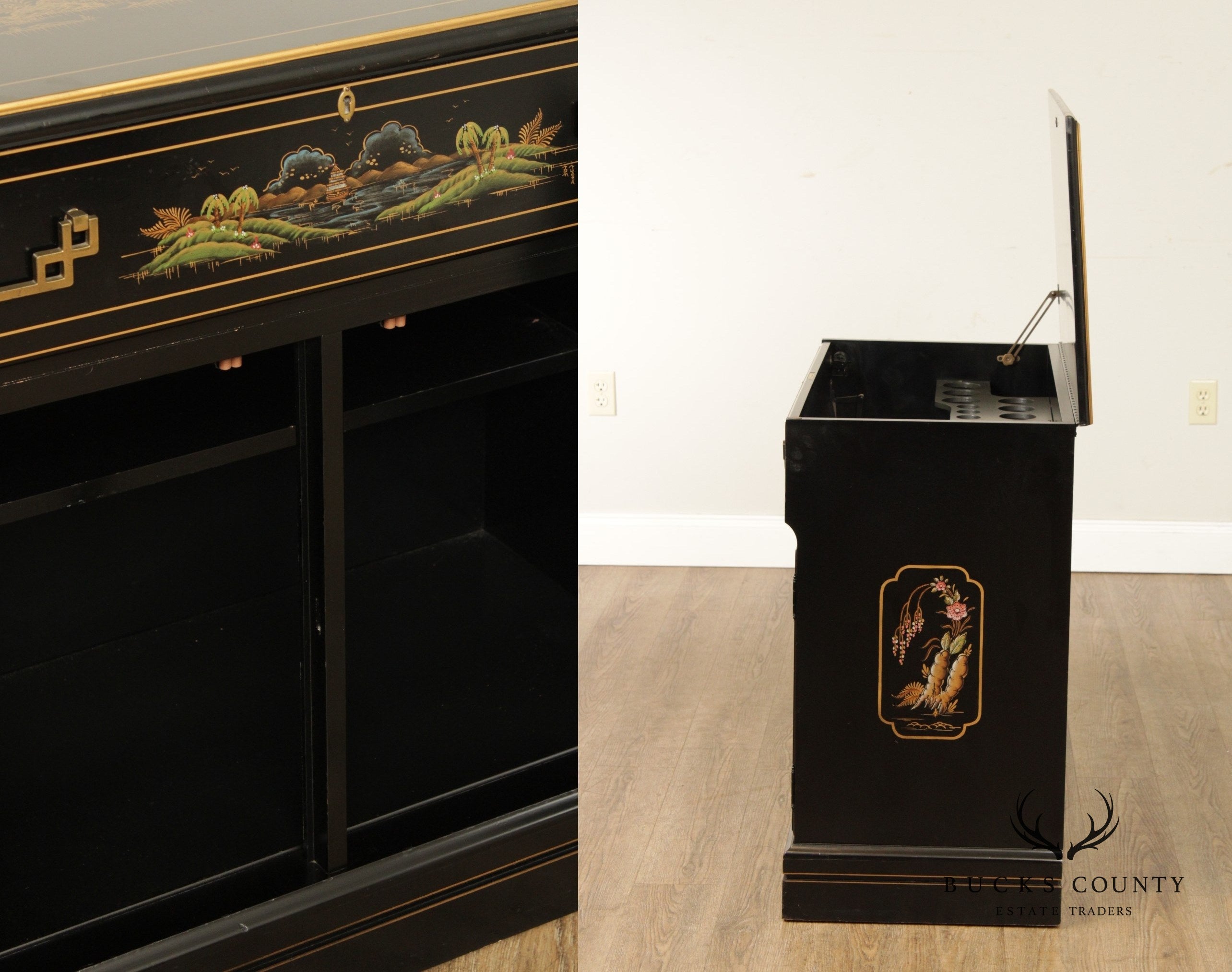 Jasper Chinoiserie Black Lacquer Liquor Bar Serving Cabinet