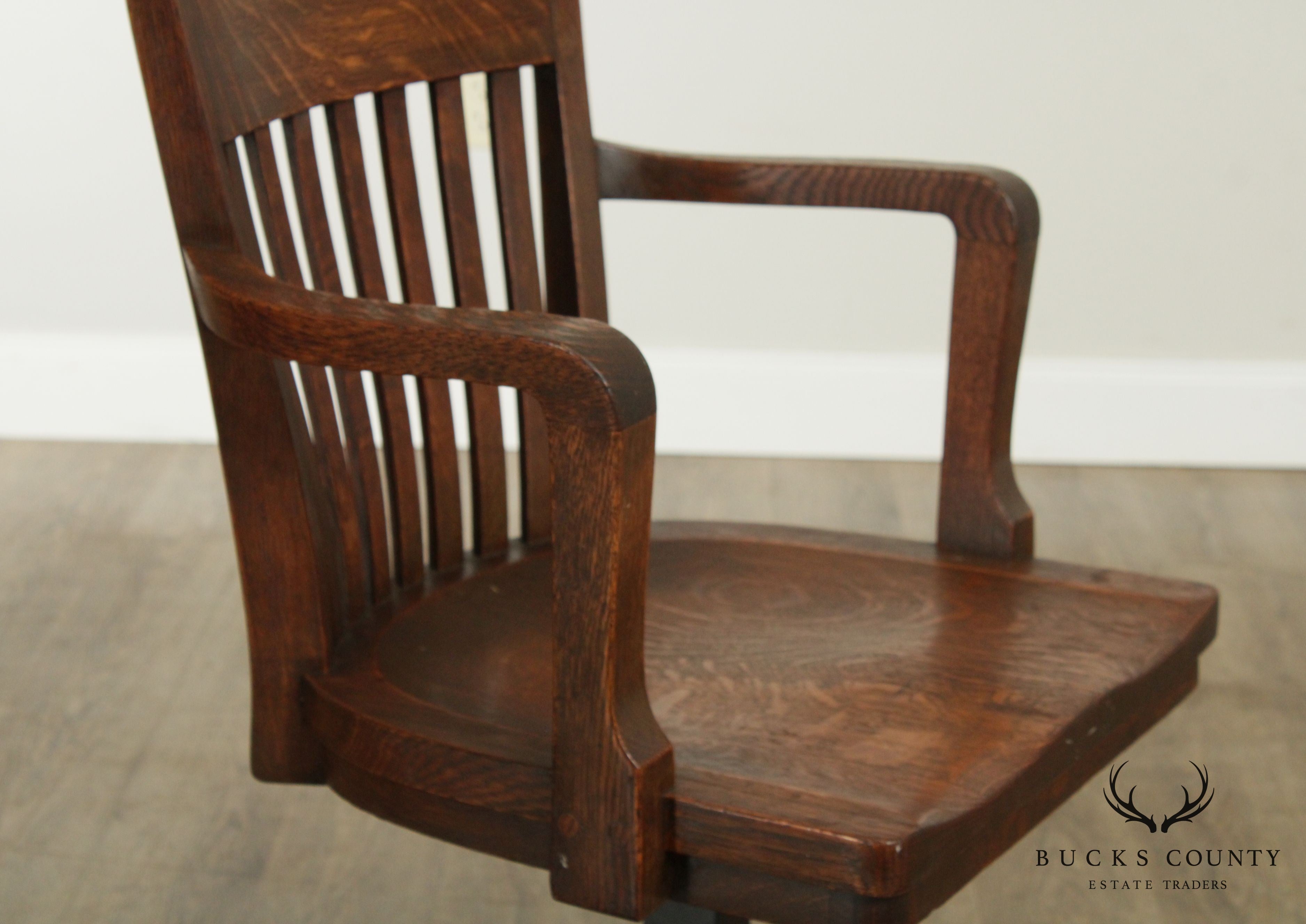 Antique Pair Mission Oak Swivel Armchairs, Iron Bases