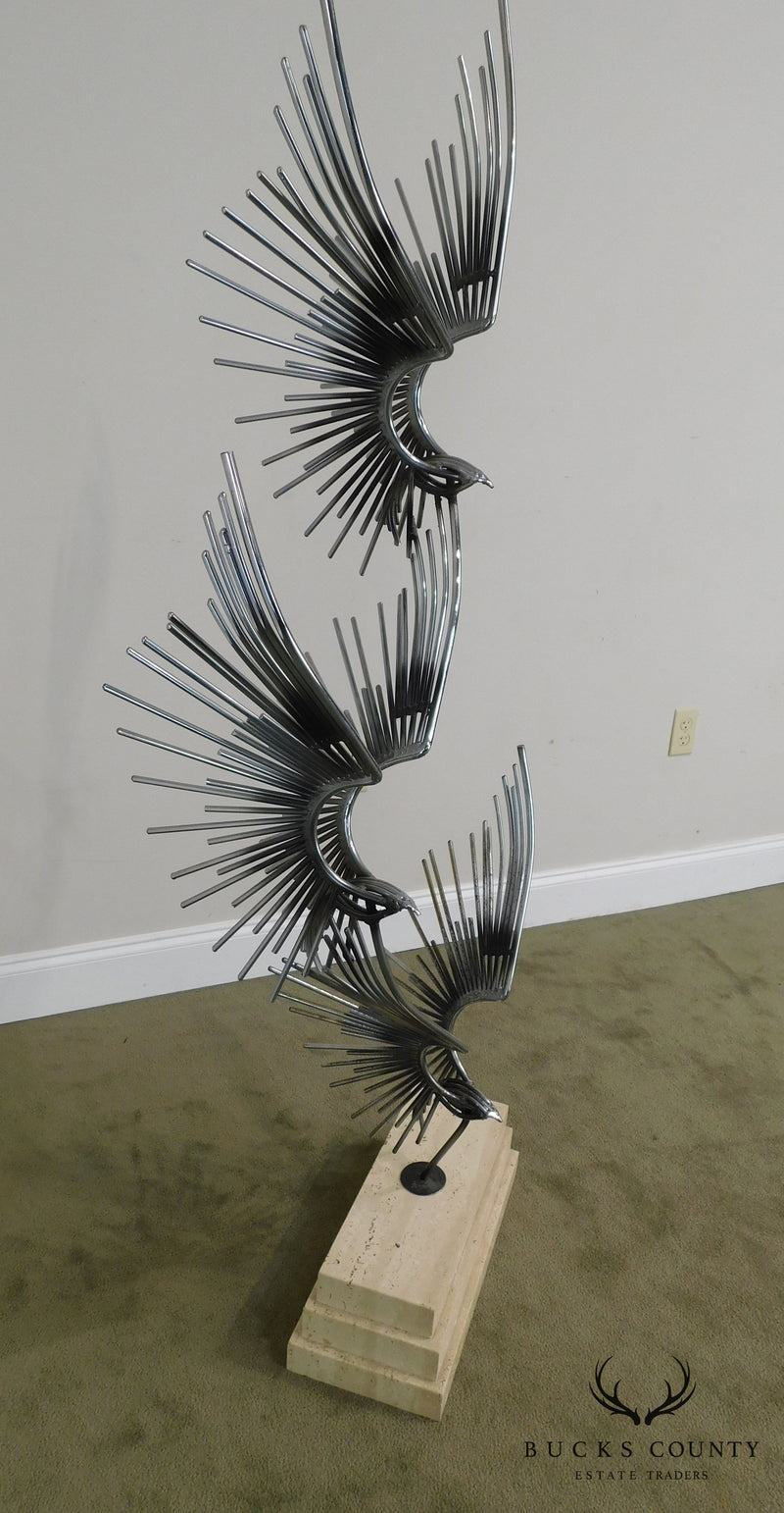 Curtis Jere "Birds in Flight" Pair Large Metal Sculptures on Travertine Bases