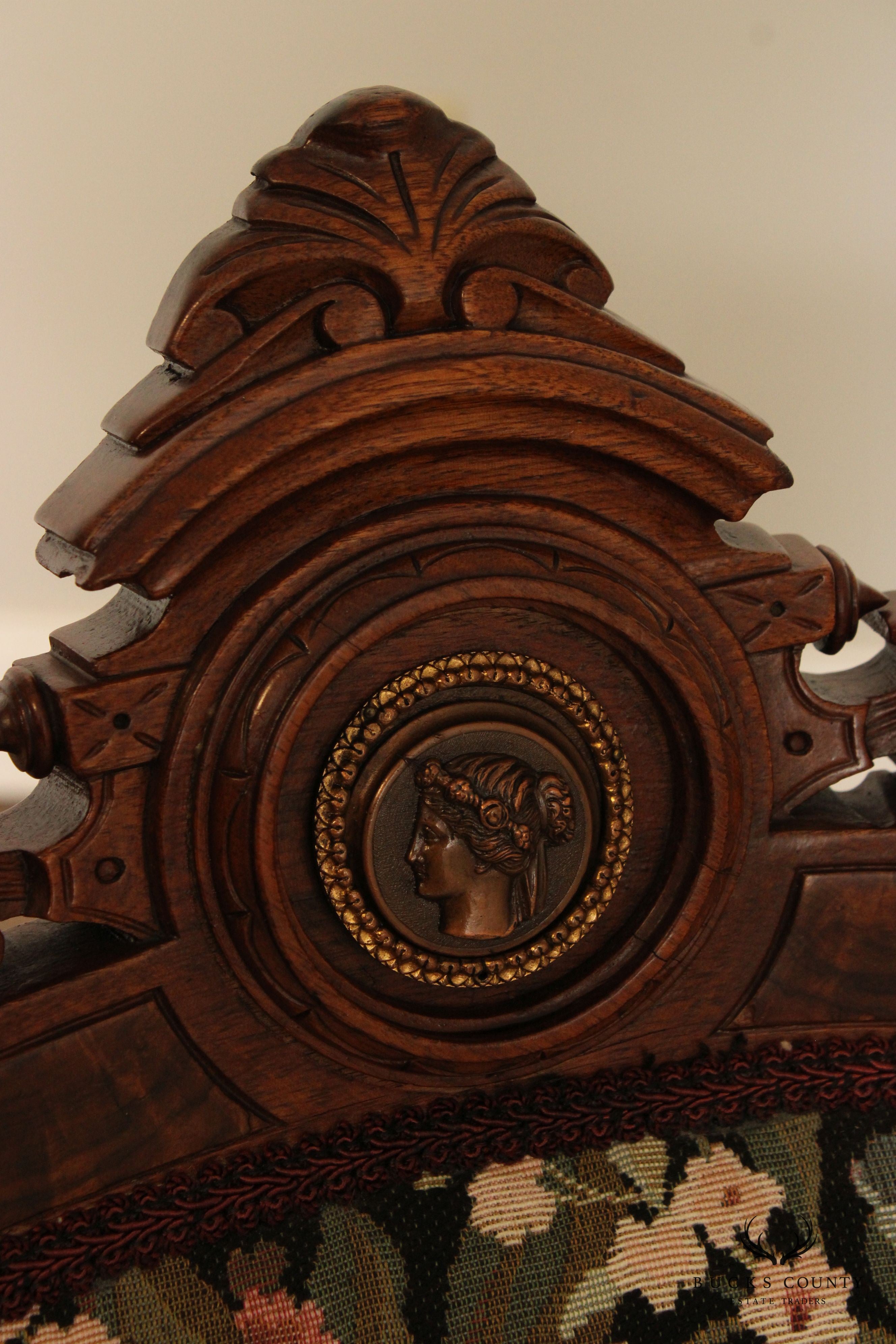 Antique Renaissance Revival Pair of Carved Walnut Armchairs