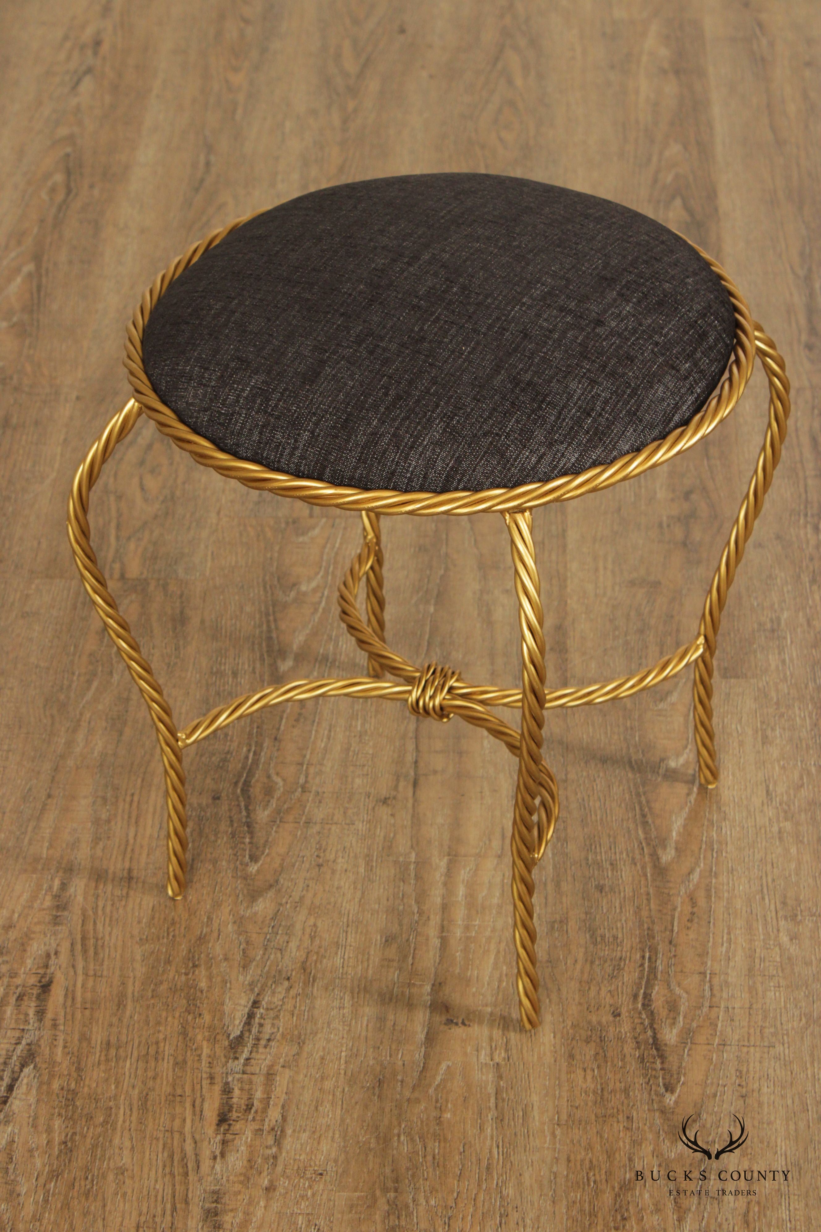 Hollywood Regency Pair of Gilt Metal Rope Twist Stools