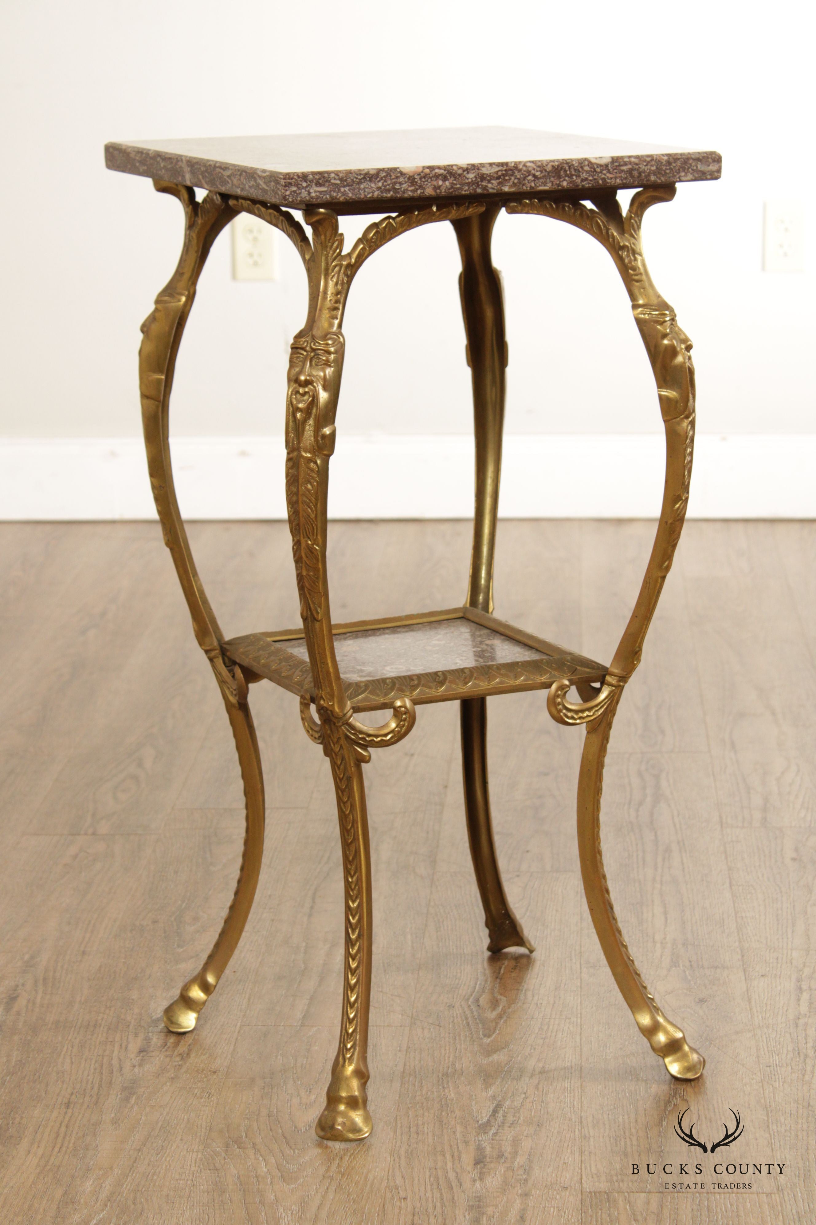 Victorian Art Nouveau Brass Marble Top Plant Stand