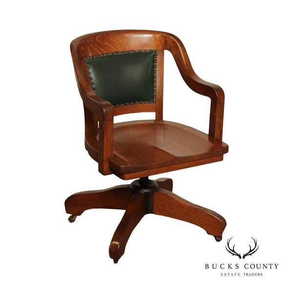 Vintage Oak and Leather Bank of England Style Swivel Office Desk Chair