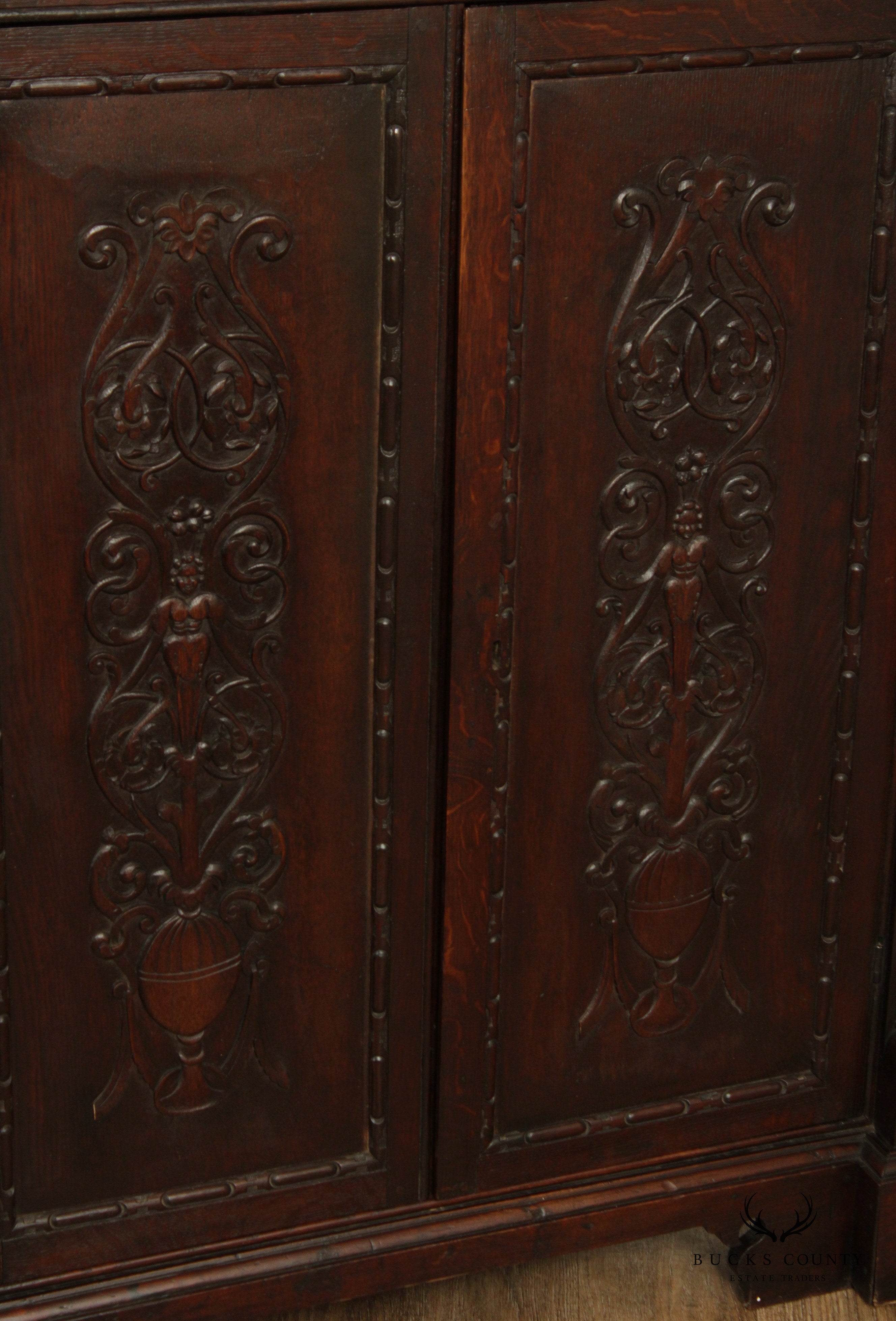 19th Century Antique Renaissance Revival Carved Oak Corner Cabinet