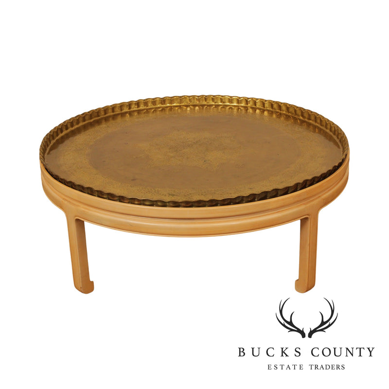 Mid Century Asian Inspired Round Brass Tray Top Coffee Table