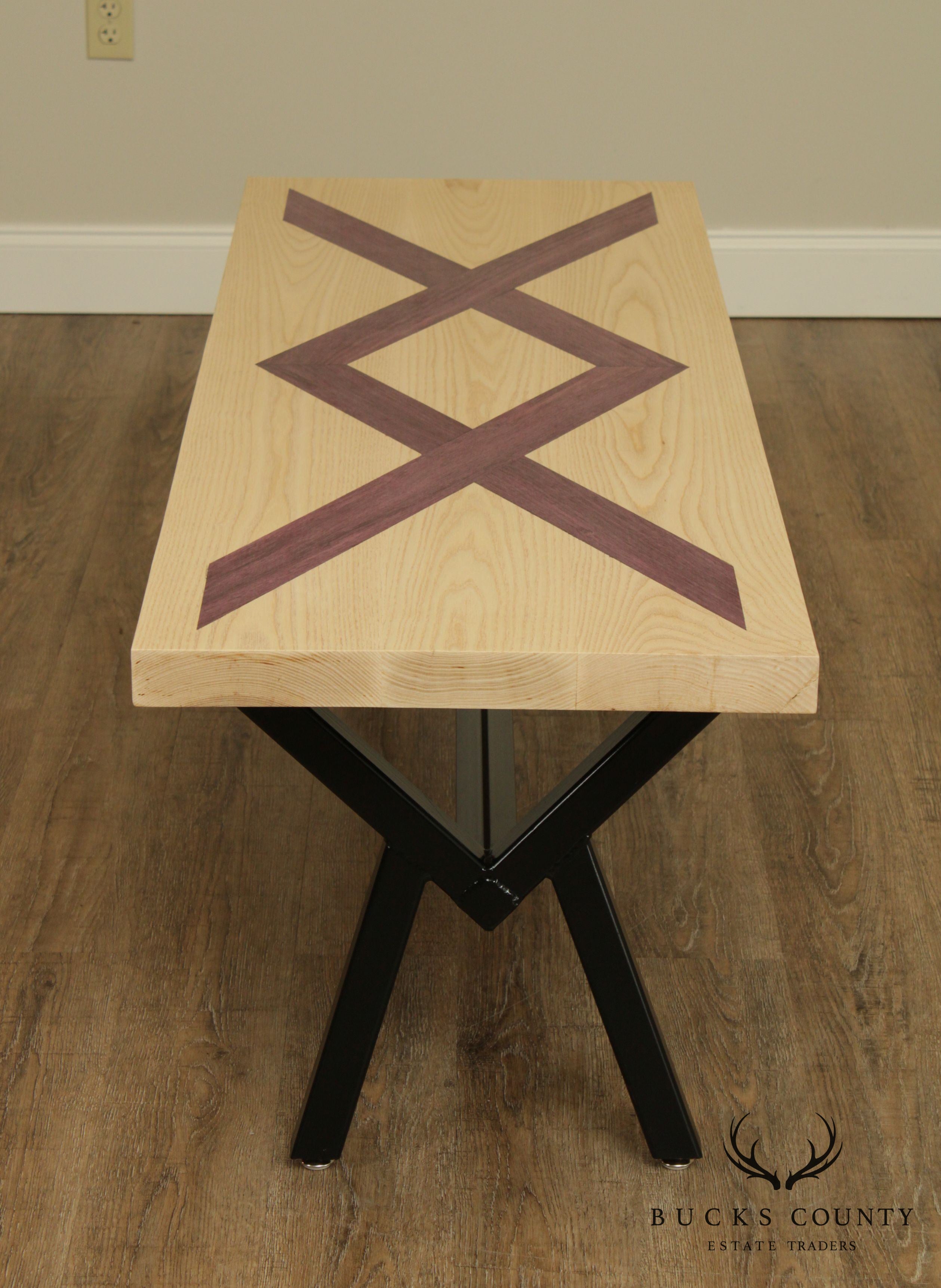 Postmodern Studio Crafted Oak Purple Parquet Inlaid X Iron Base Coffee Table