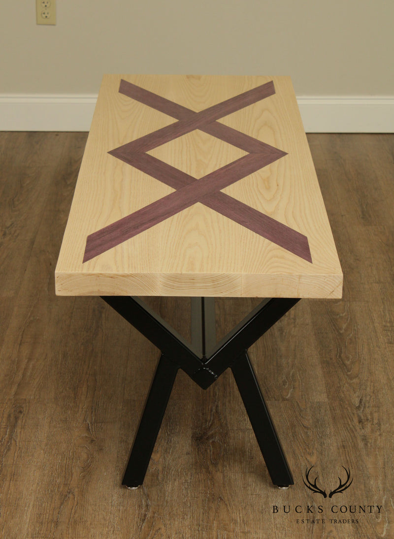 Postmodern Studio Crafted Oak Purple Parquet Inlaid X Iron Base Coffee Table