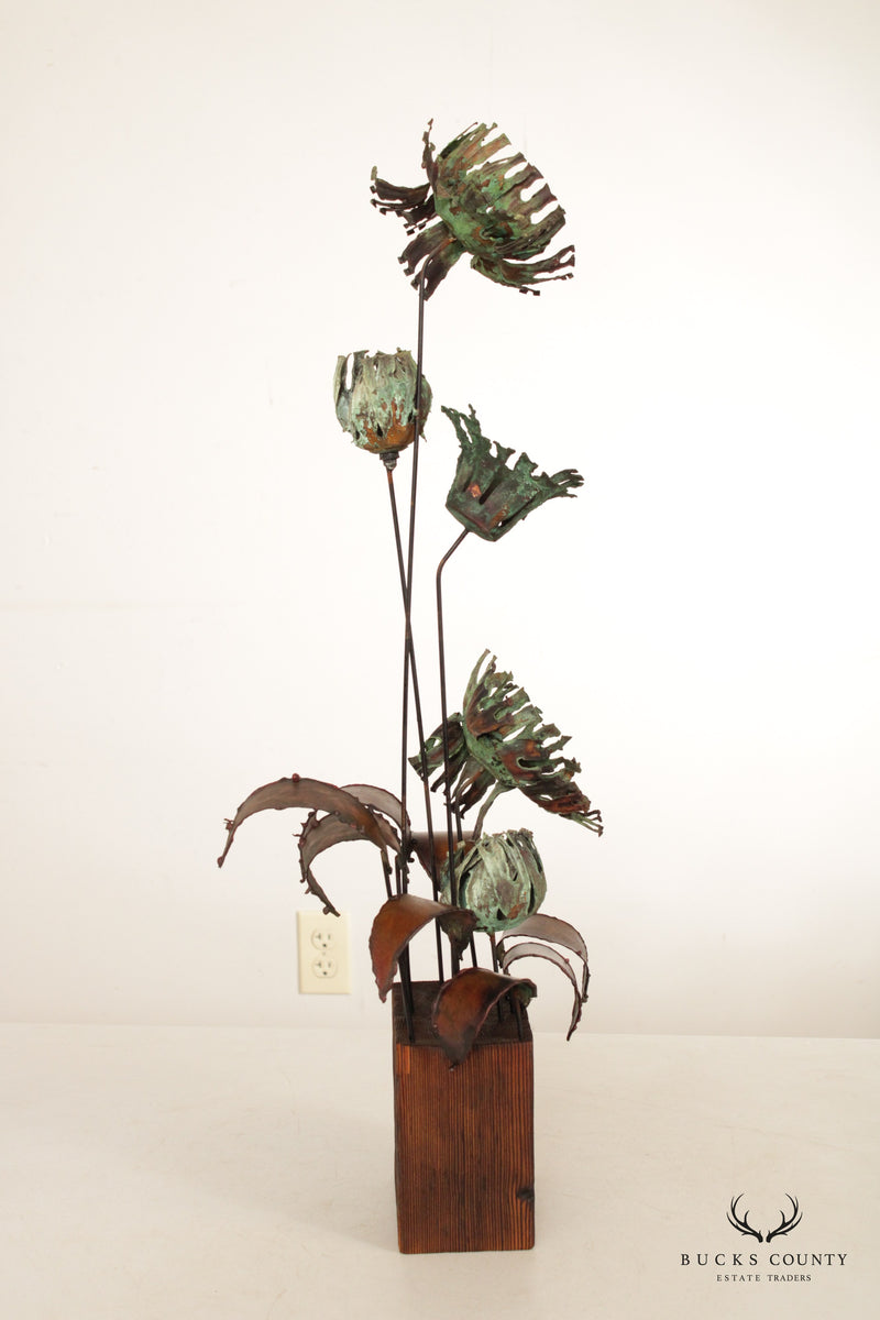 Phil Rowe Modern Brutalist Floral Copper and Wood Sculpture
