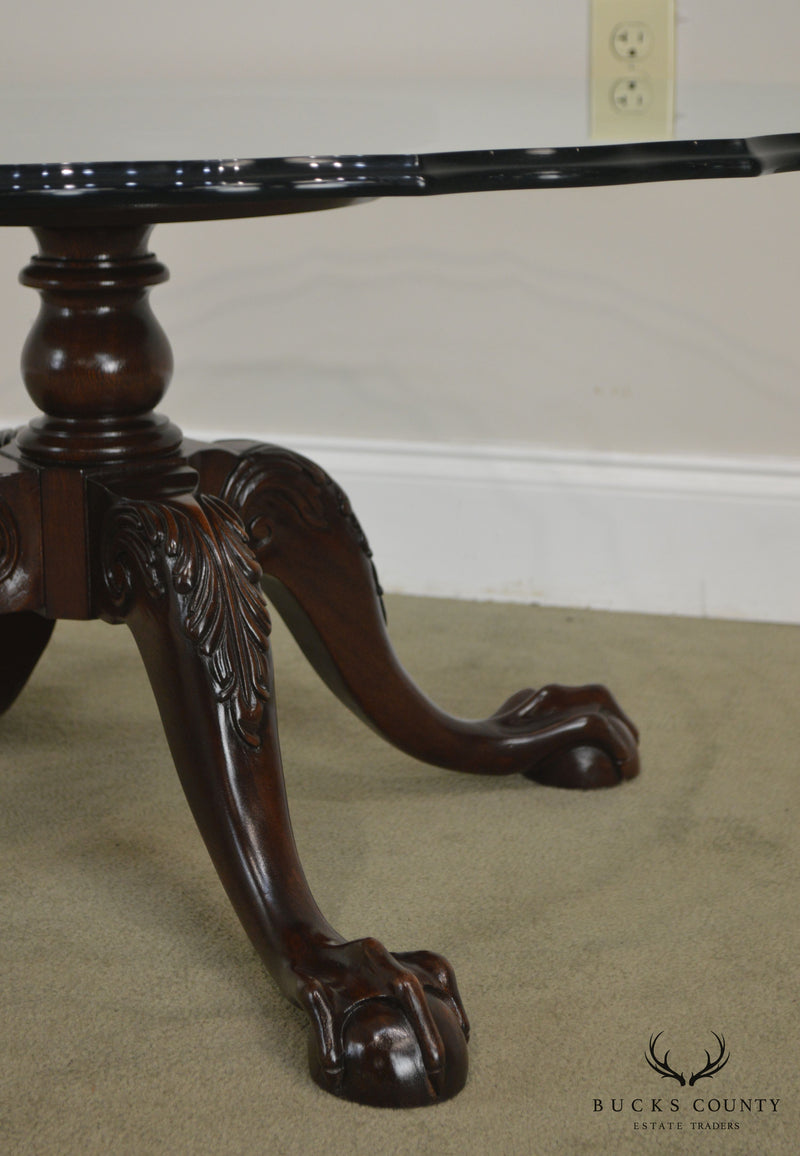 Carved Mahogany Ball & Claw Chippendale Style Glass Top Coffee Table