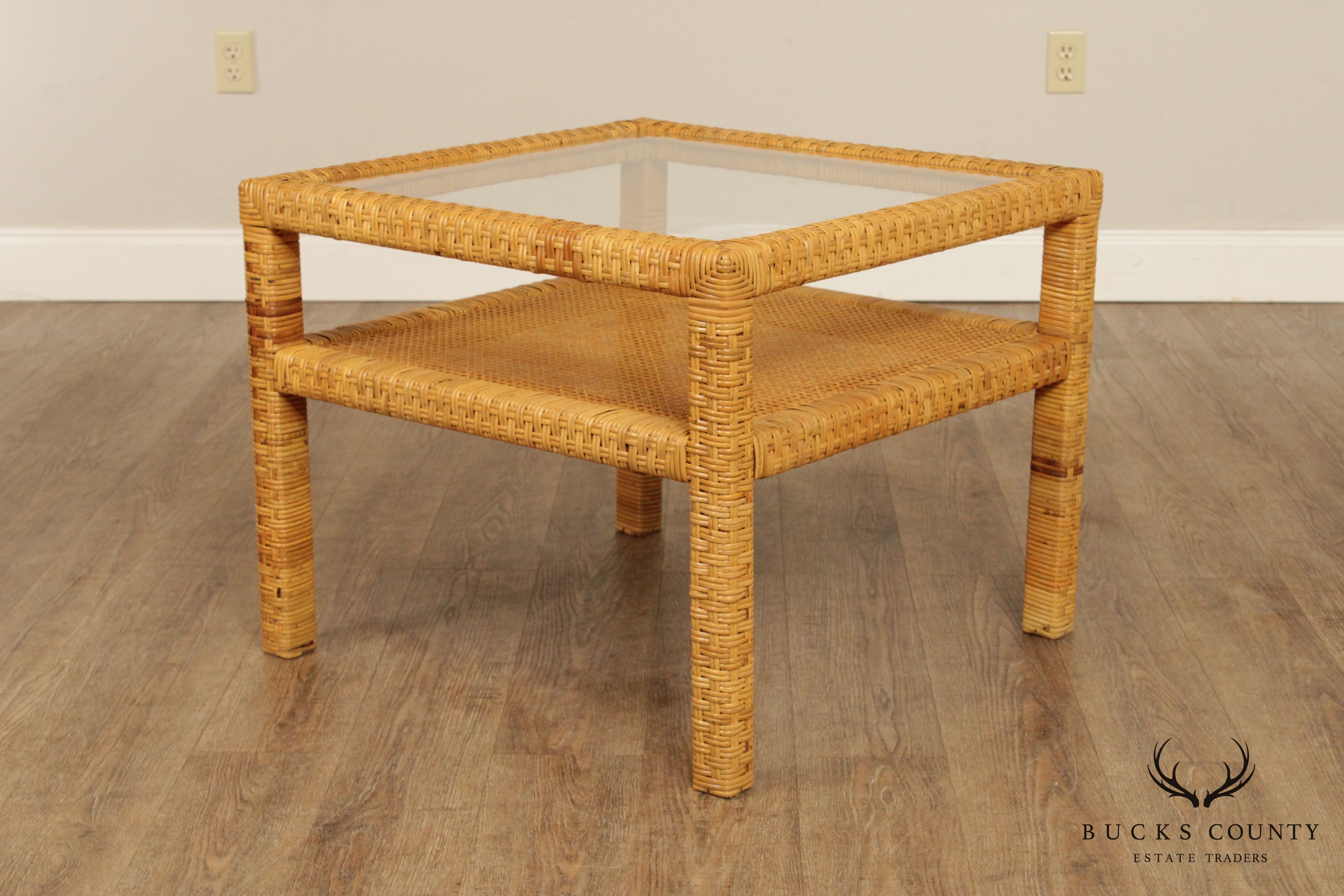 Vintage Wicker Rattan Square End Table with Glass Top