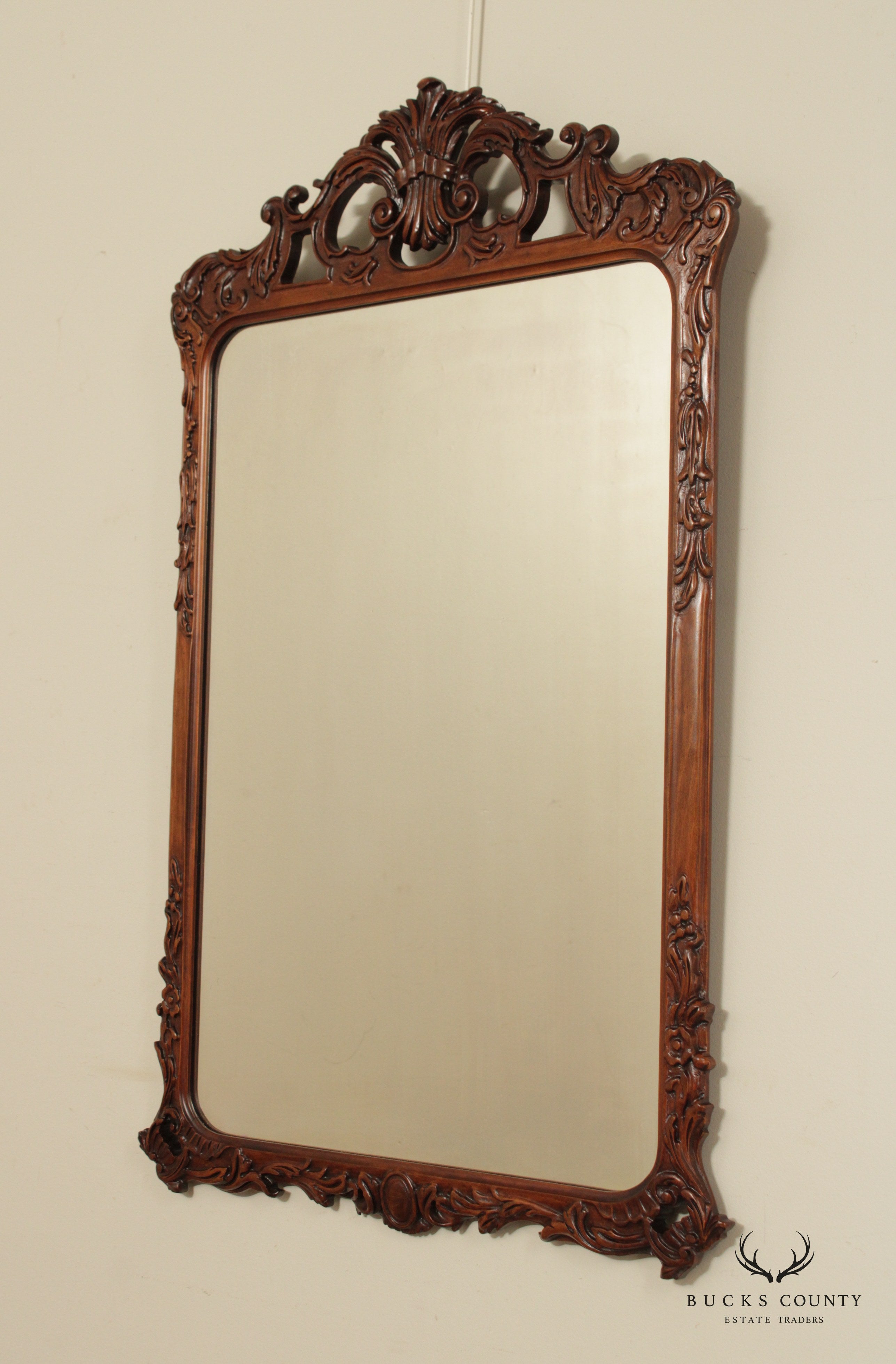 1940s Vintage French Style Carved Mahogany Wall Mirror (A)