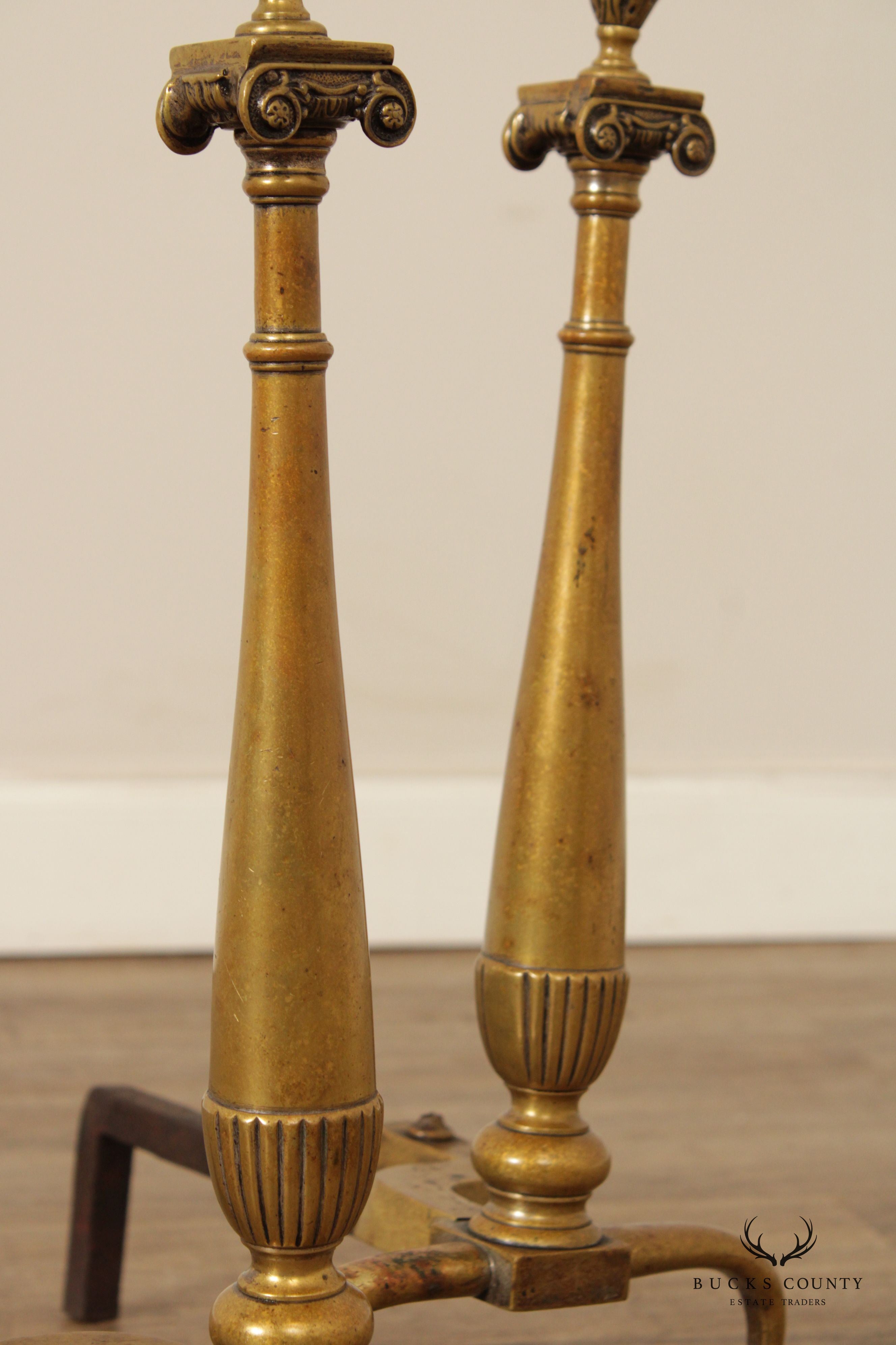 Federal Style Quality Pair of Brass Fireplace Andirons