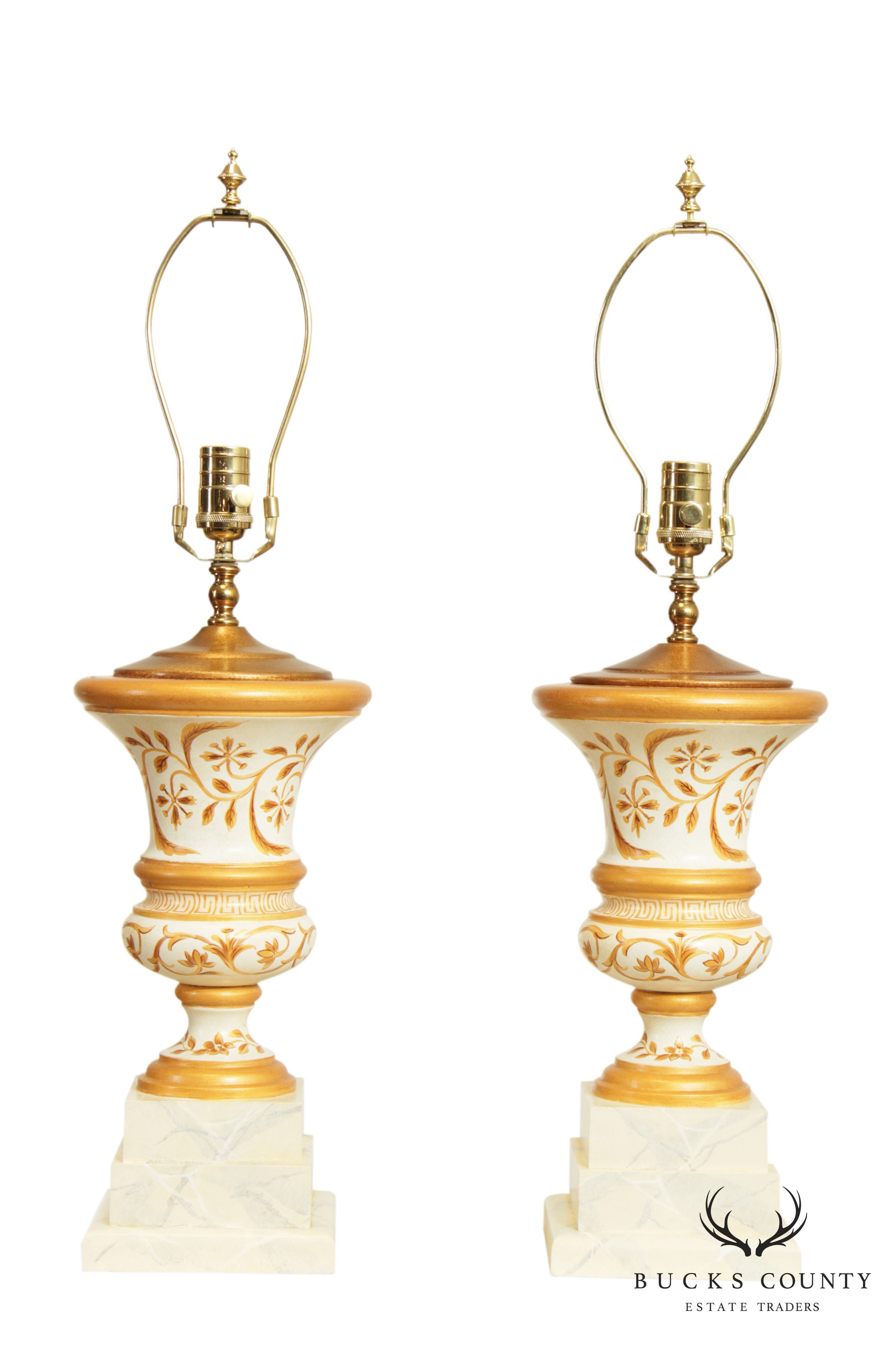 Neo-Classical Style Quality Pair Painted Wood Urn Table Lamps