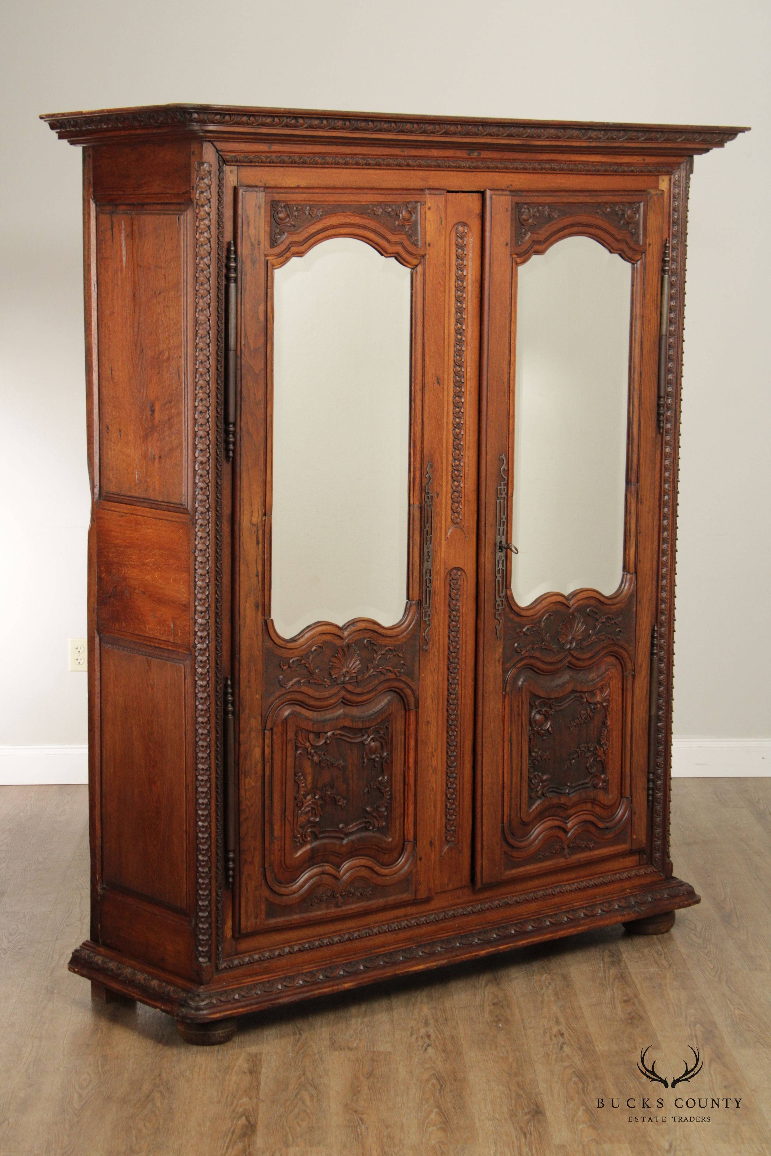 Antique 18th Century French Carved Oak Mirrored Armoire