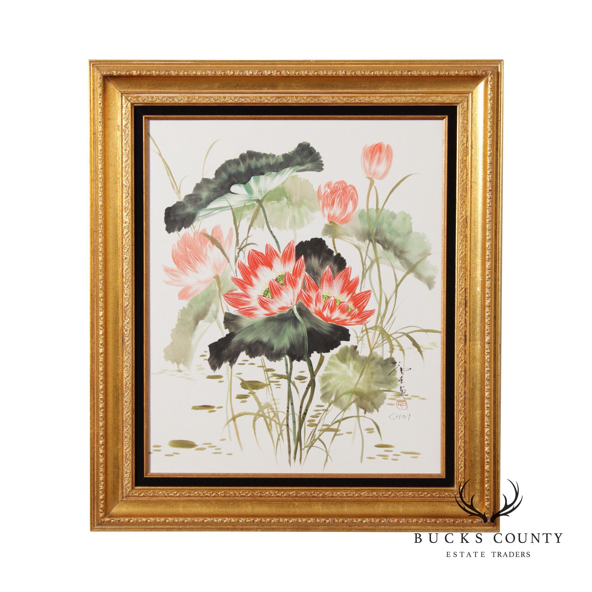 Vintage Chinese Water Lily Watercolor Painting