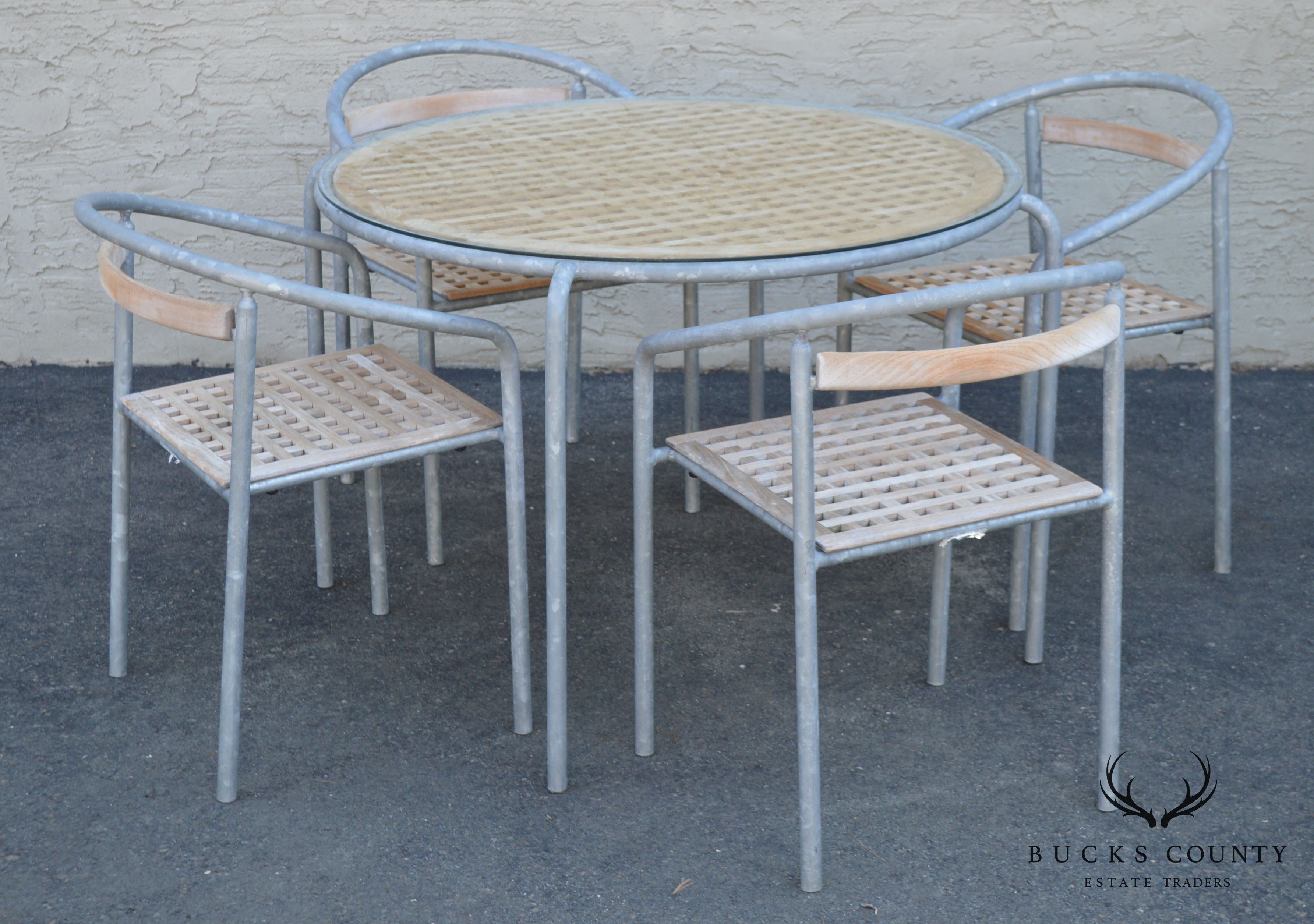 Soho Contract Group Teak and Galvanized Steel Round Patio Table + 4 Chairs Dining Set (B)