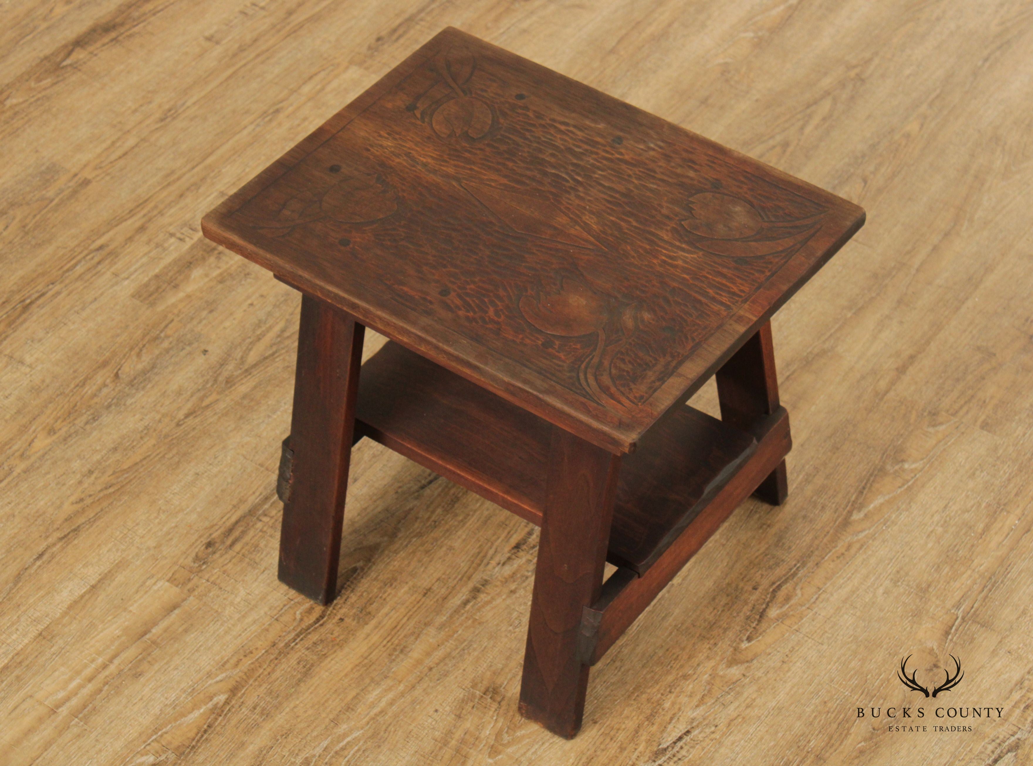 C.W. Davis Arts & Crafts Style Carved Side Table